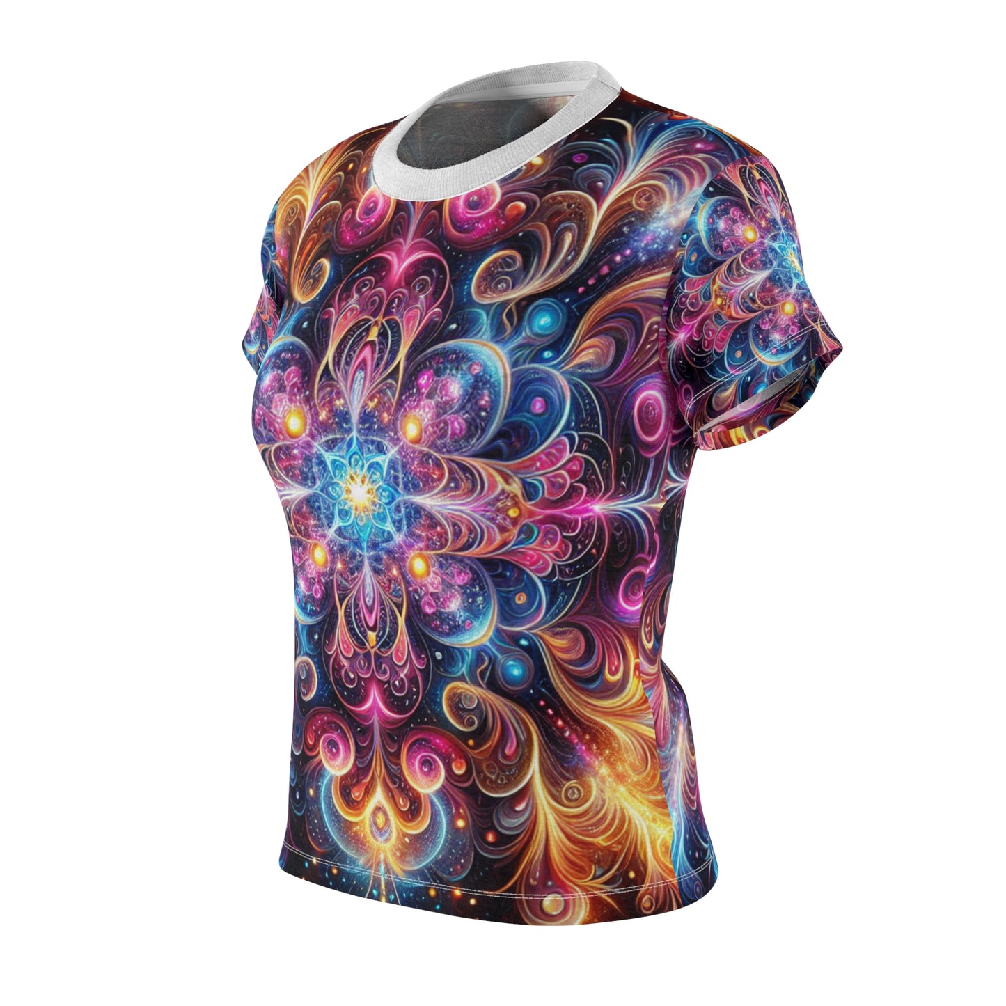 Radiant Cosmic Mandala Tee: Vibrant Psychedelic Art, Neon Kaleidoscope Women's T-Shirt - Women's Trippy Tee