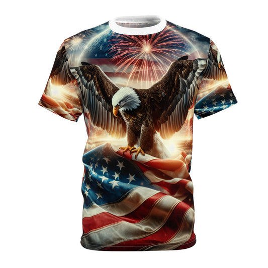 Pride & Freedom: Majestic American Bald Eagle & Flag Patriotic T-Shirt with Vibrant Fireworks Display - Independence Day Heritage Celebration Wear - Patriotic Streetwear Tee