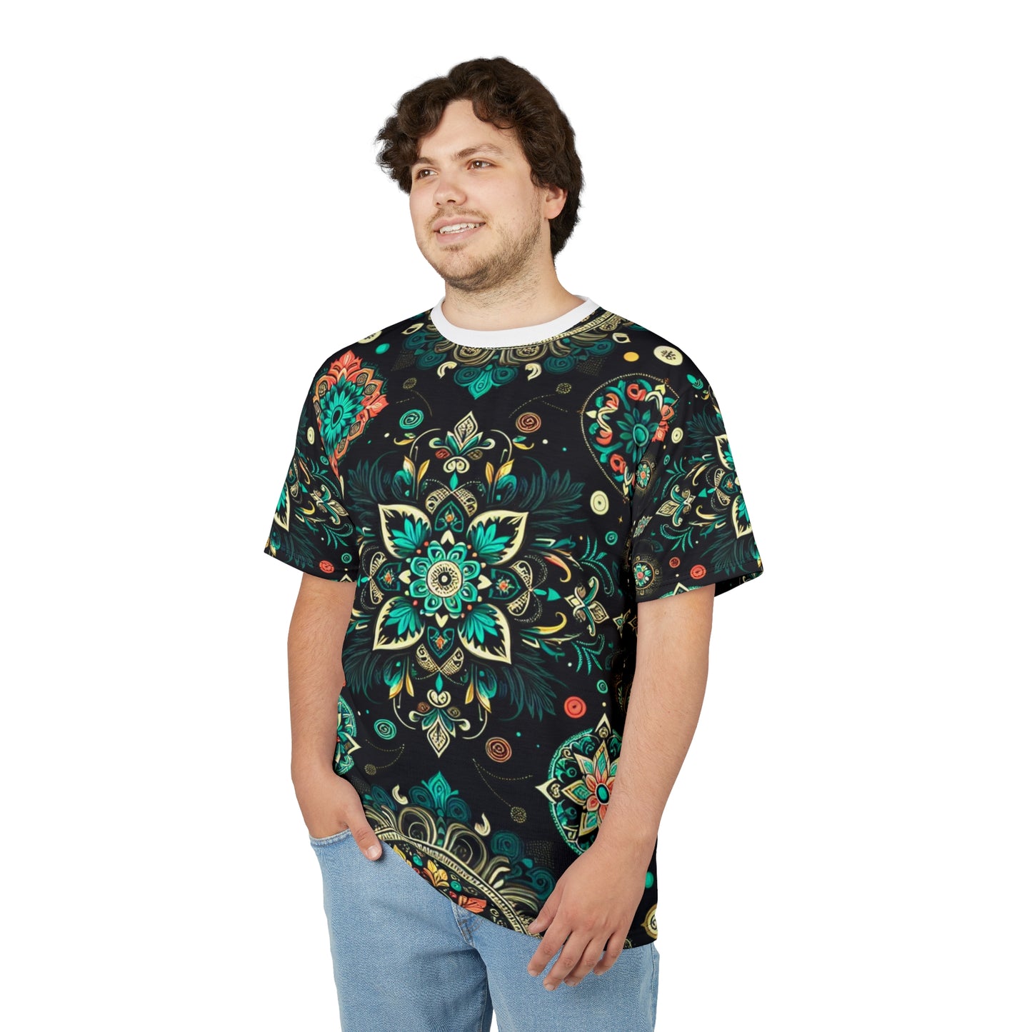 Neon UV Indian Motif Tee – Bioluminescent Floral & Geometric Glow Pattern on Black Shirt