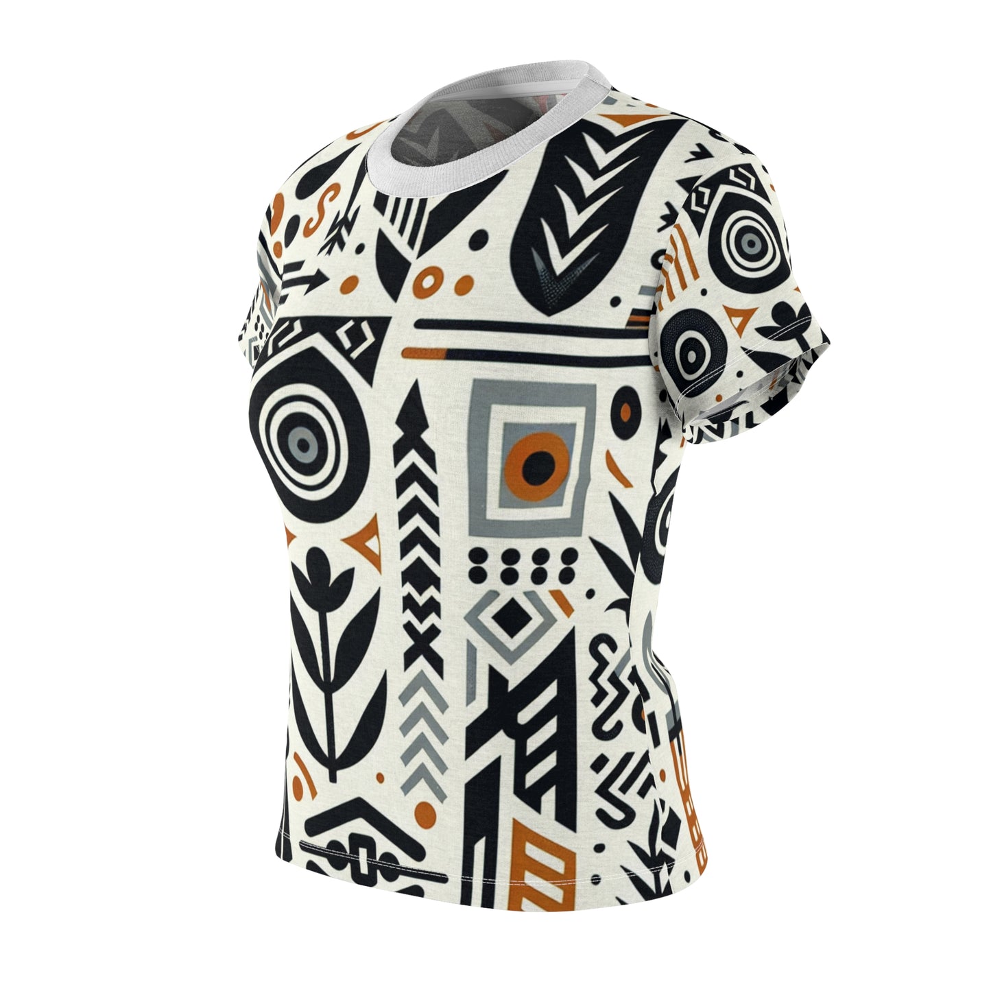 Modern Afro-Graphic Women's Tee: Monochrome & Orange Nature-Warfare Prints, Abstract Artistic Unity - African Tribal Pattern-Inspired