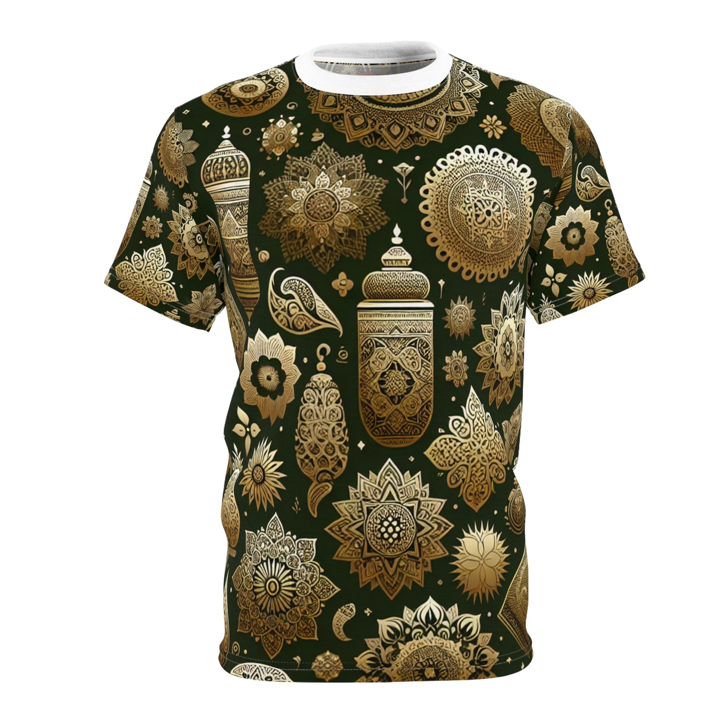 Gold Touch Heritage Tee: Green Traditionally-Inspired Indian Motif Design – Seamless Floral & Geometric Patterned T-shirt - Indian Streetwear