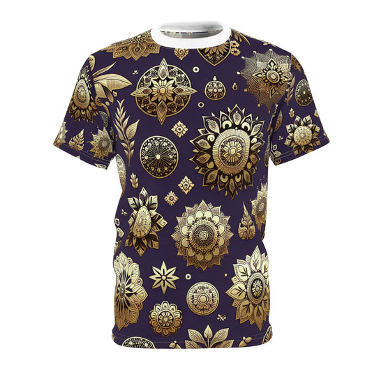 Gold Reflections on Purple: Seamless Indian Motif Pattern T-Shirt, Intricately Designed Traditional & Modern Design Elements - Traditional Indian Motifs Tee