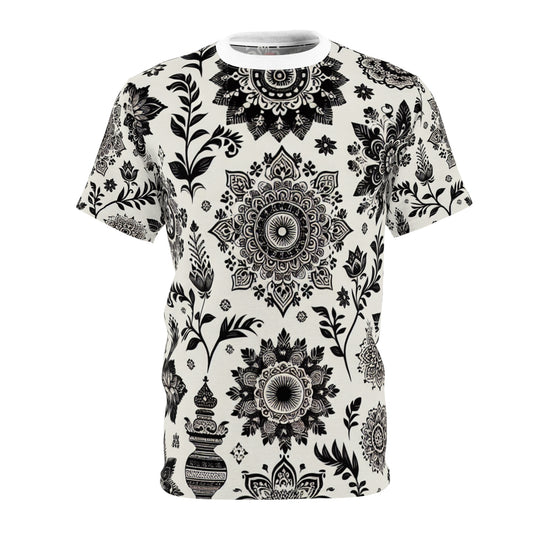 Indian Heritage Elegance: Seamless Pattern T-Shirt in Monochrome – Intricate Floral & Geometric Motif Design on Classic White - Traditional Indian Motifs Tee