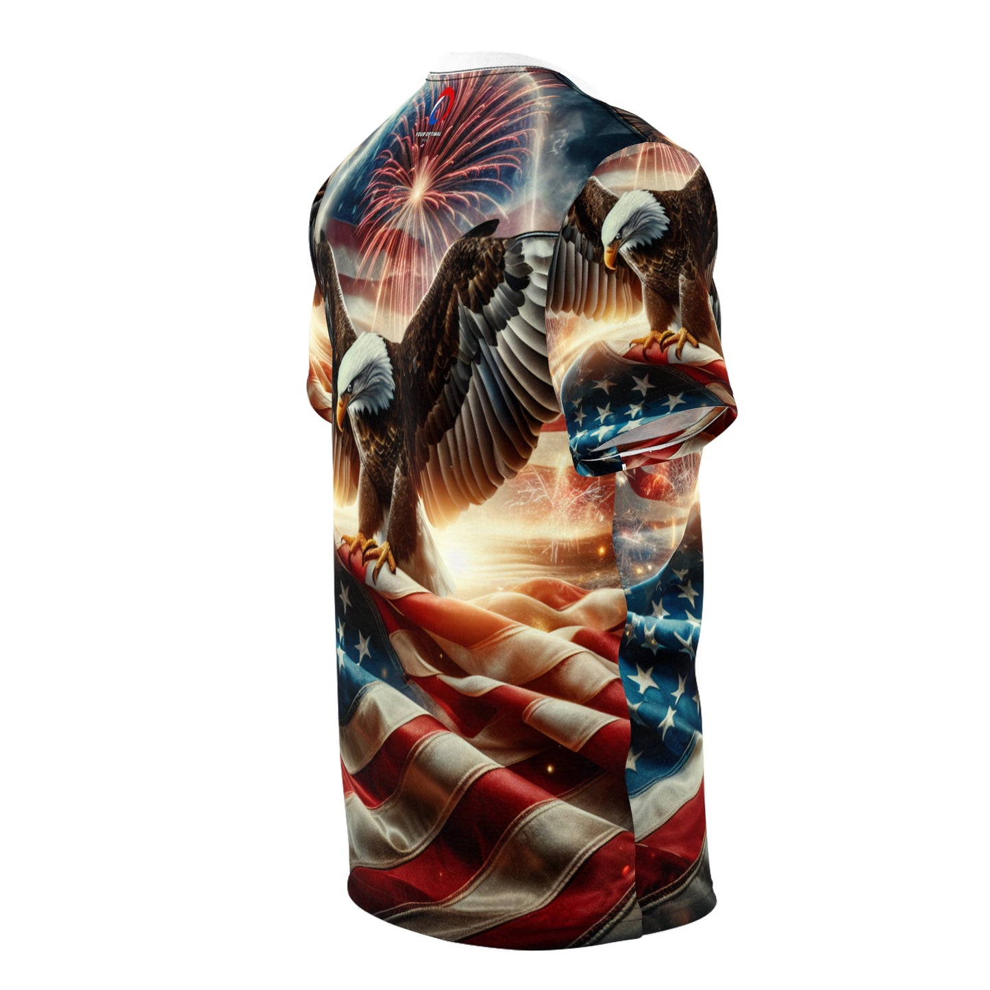 Pride & Freedom: Majestic American Bald Eagle & Flag Patriotic T-Shirt with Vibrant Fireworks Display - Independence Day Heritage Celebration Wear - Patriotic Streetwear Tee