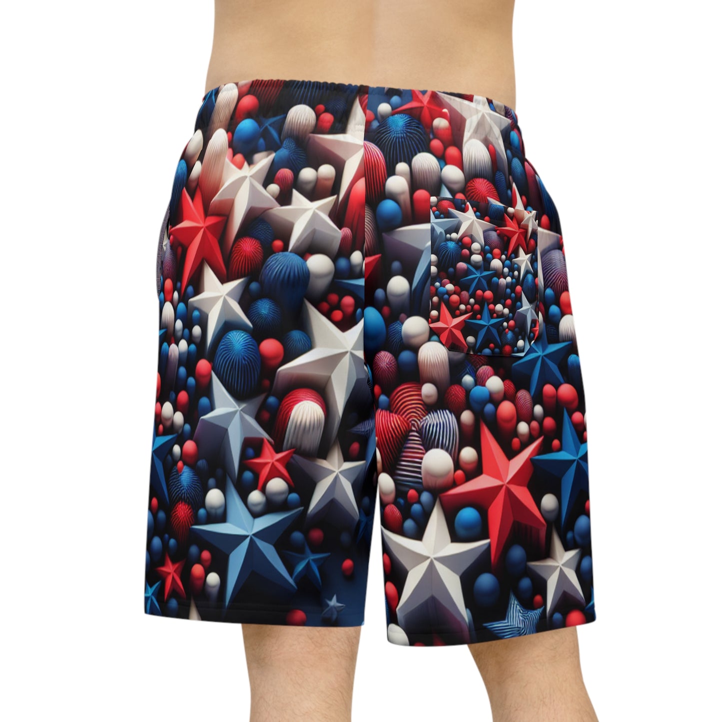 Stellar Splash: 3D Red, White & Blue Starry Patriotic Shorts on Midnight Hue - Patriotic Streetwear Shorts