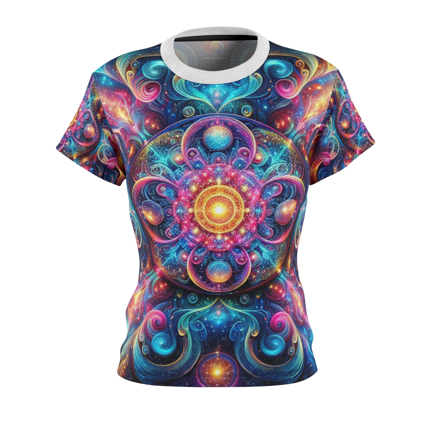 Luminous Cosmic Psychedelic Women's Tee - Dazzling Neon Kaleidoscopic Artwork on Dark Galaxy Background - Women's Trippy Tee