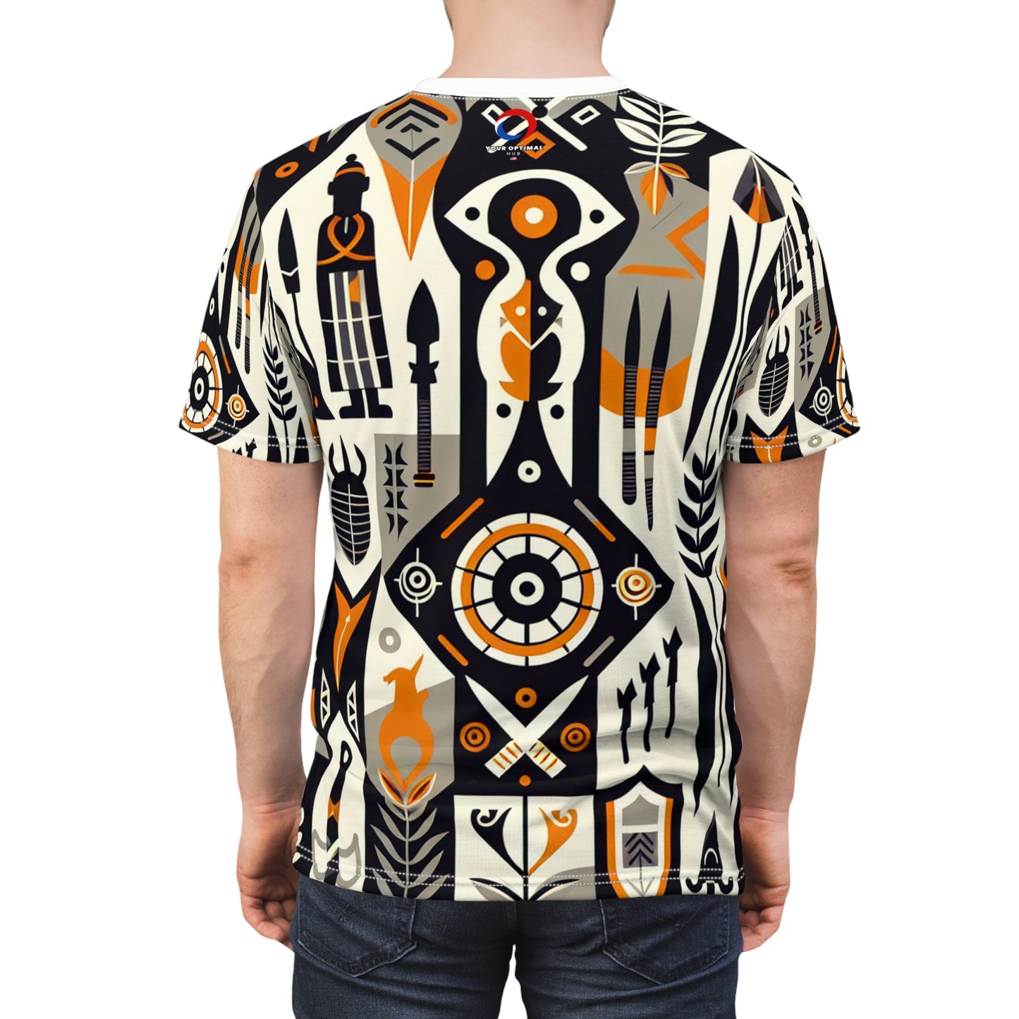 African Fusion Graphic Tee: Monochrome, Orange Highlights, Spearhead & Shield Design - African Tribal Pattern-Inspired