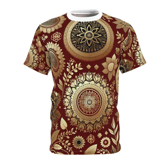 Traditional Indian Motif Artistry: Intricate Floral & Geometric Gold-on-Red Seamless Pattern T-Shirt - Indian Streetwear Apparel