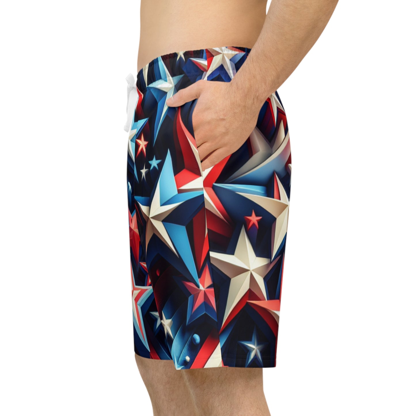 Patriotic 3D Star Constellation Shorts – Vibrant Red, White, and Blue, Varied Sizes, Festive Design - American Streetwear Shorts