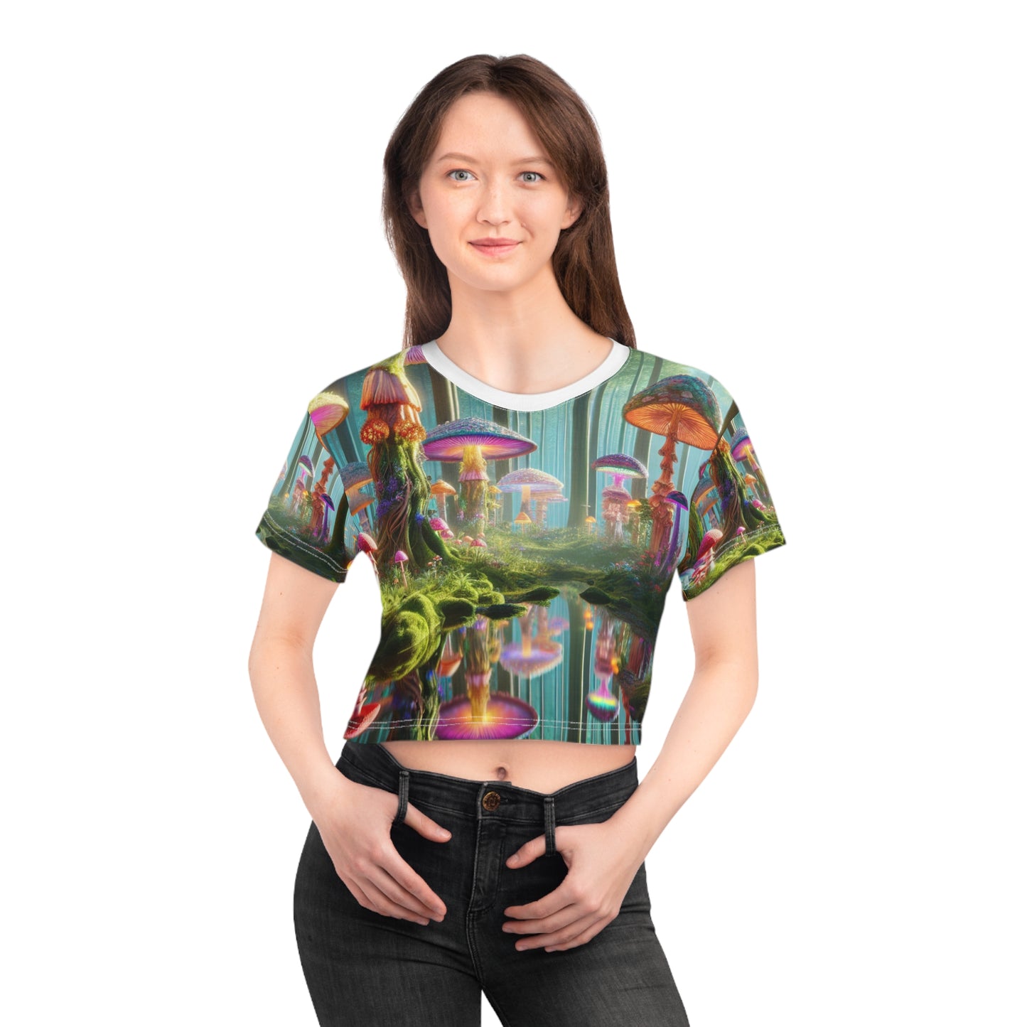 Enchanting 3D Forest Crop Tee - Women's Psychedelic Neon Mushroom & Vibrant Foliage Top - Women's Trippy Tee