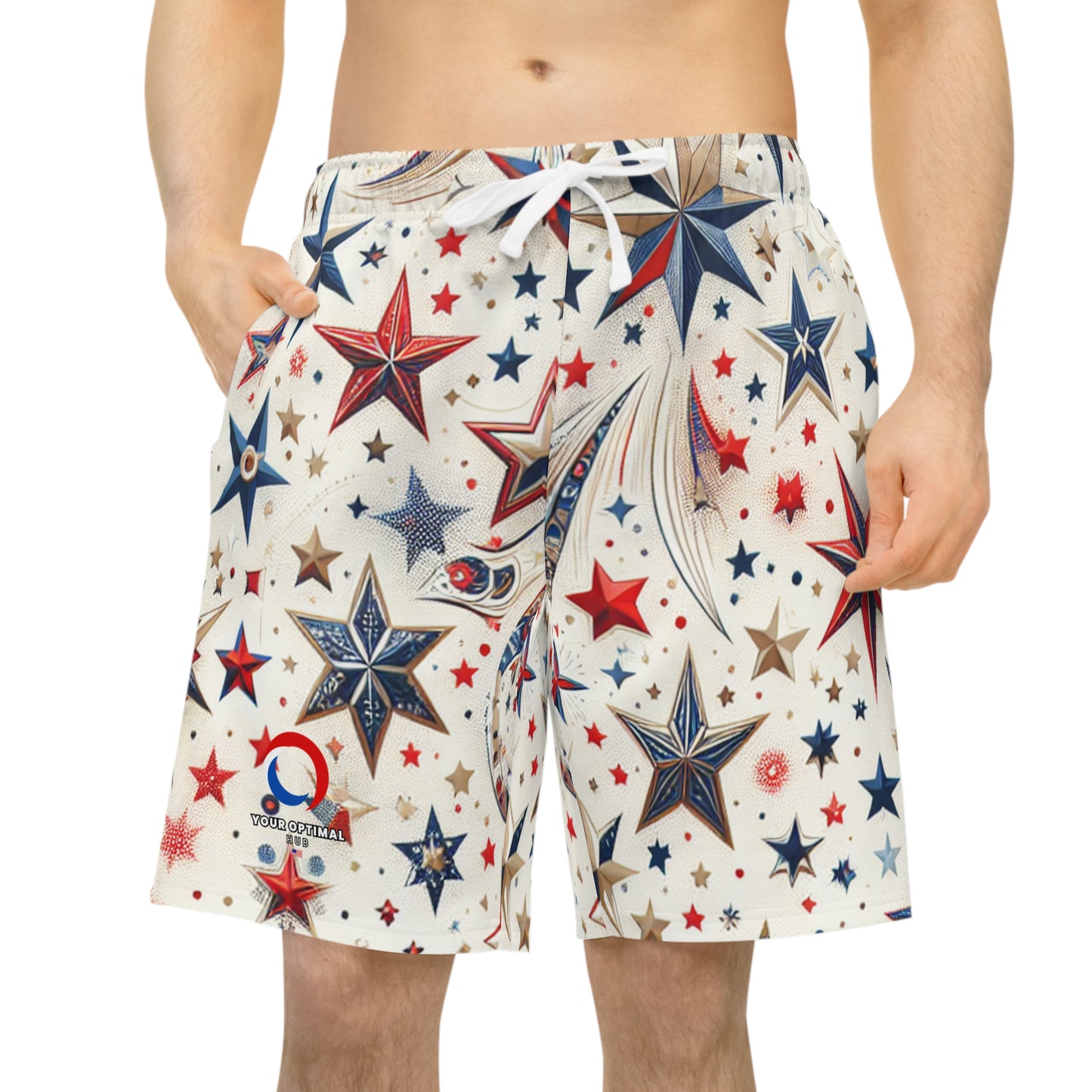 Star-Spangled Festive Shorts - Patriotic Red, Blue, Gold Star Prints on White, Perfect for Independence Day Celebrations - Patriotic Streetwear Shorts