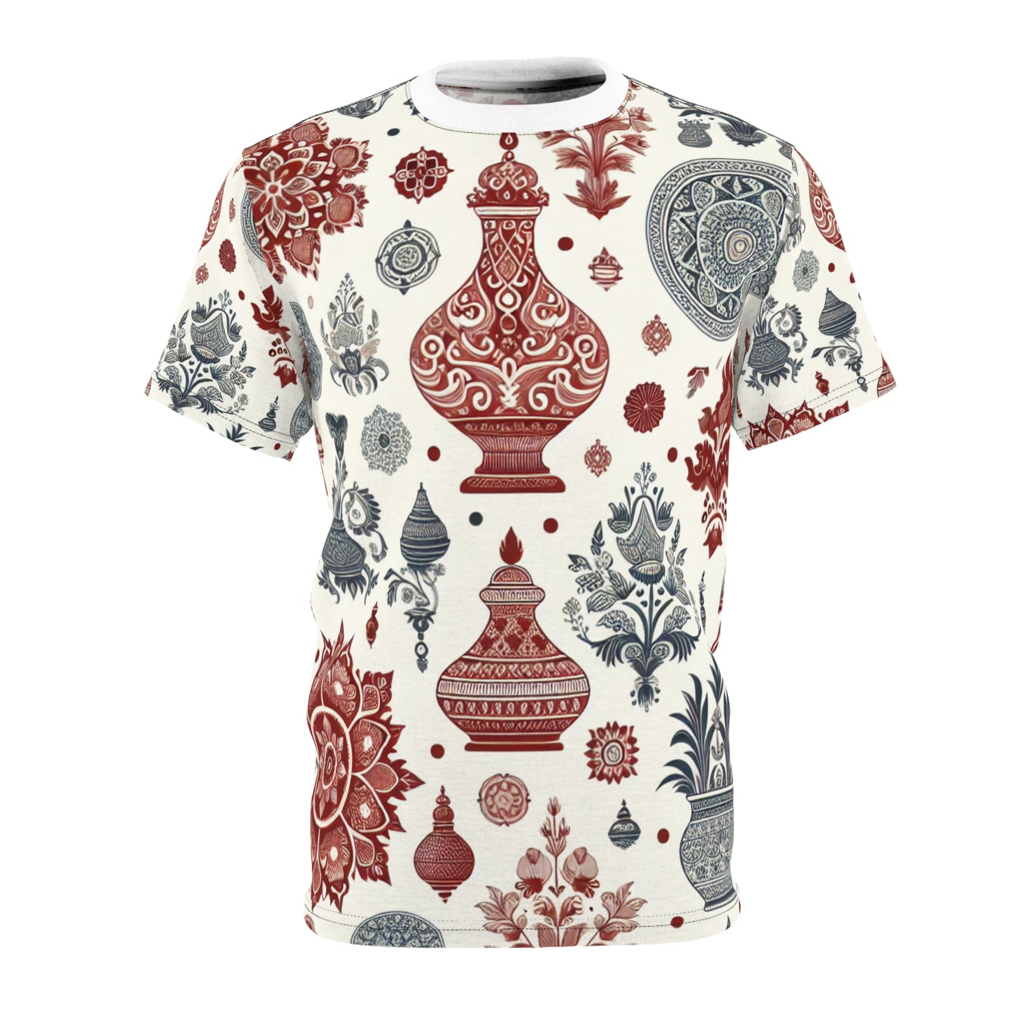 Classic Red and White Indian Motif Seamless Pattern T-Shirt - Contemporary Design with Traditional Floral and Geometric Shapes - Traditional Indian Motifs Tee