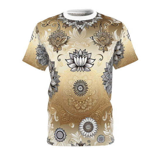 Golden Heritage T-Shirt: A Seamless Fusion of Traditional Indian Motifs in Reflective Gold and White