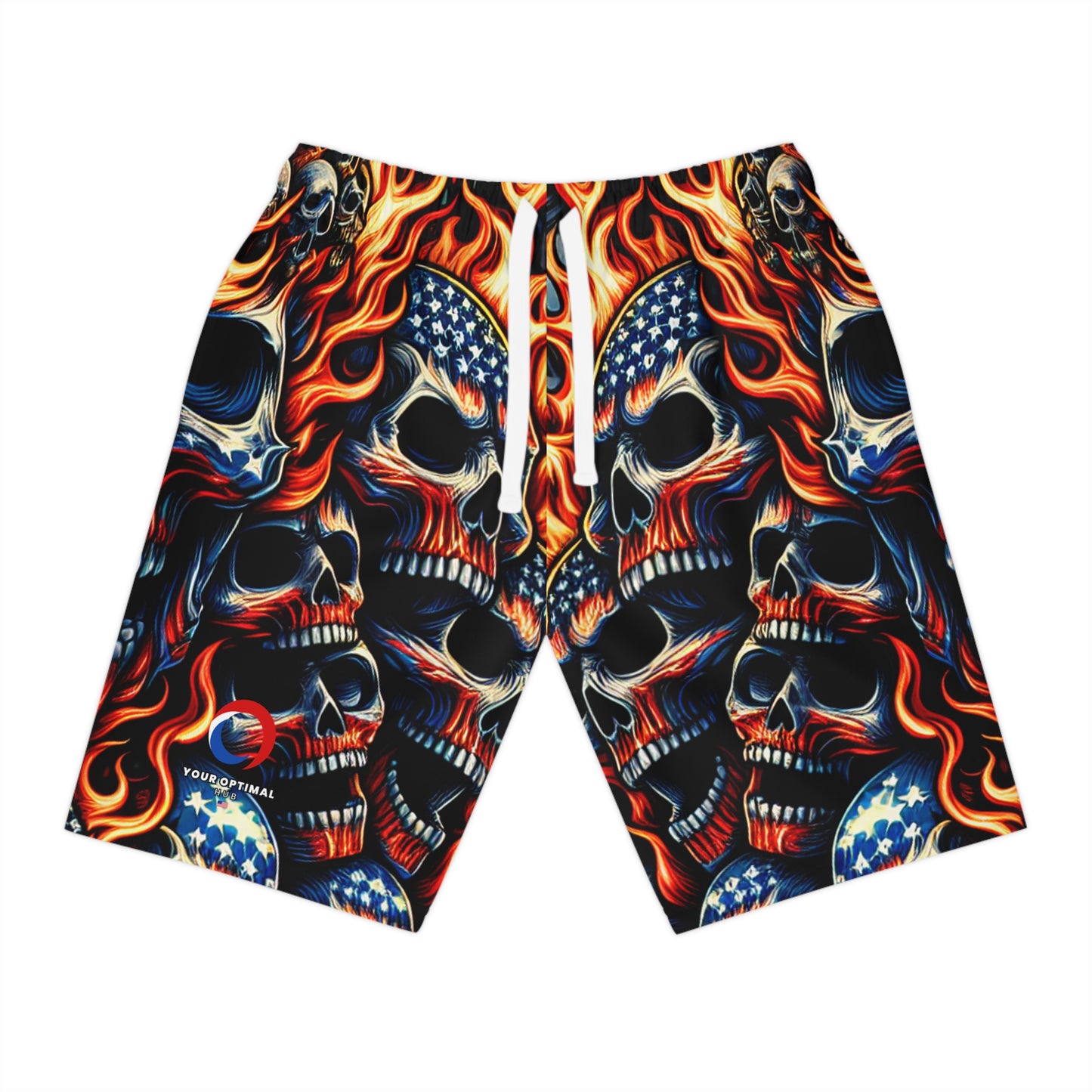 Patriotic Fury: Menacing Skull Inferno and Stars-Stripes Motif Shorts - Patriotic Streetwear Shorts