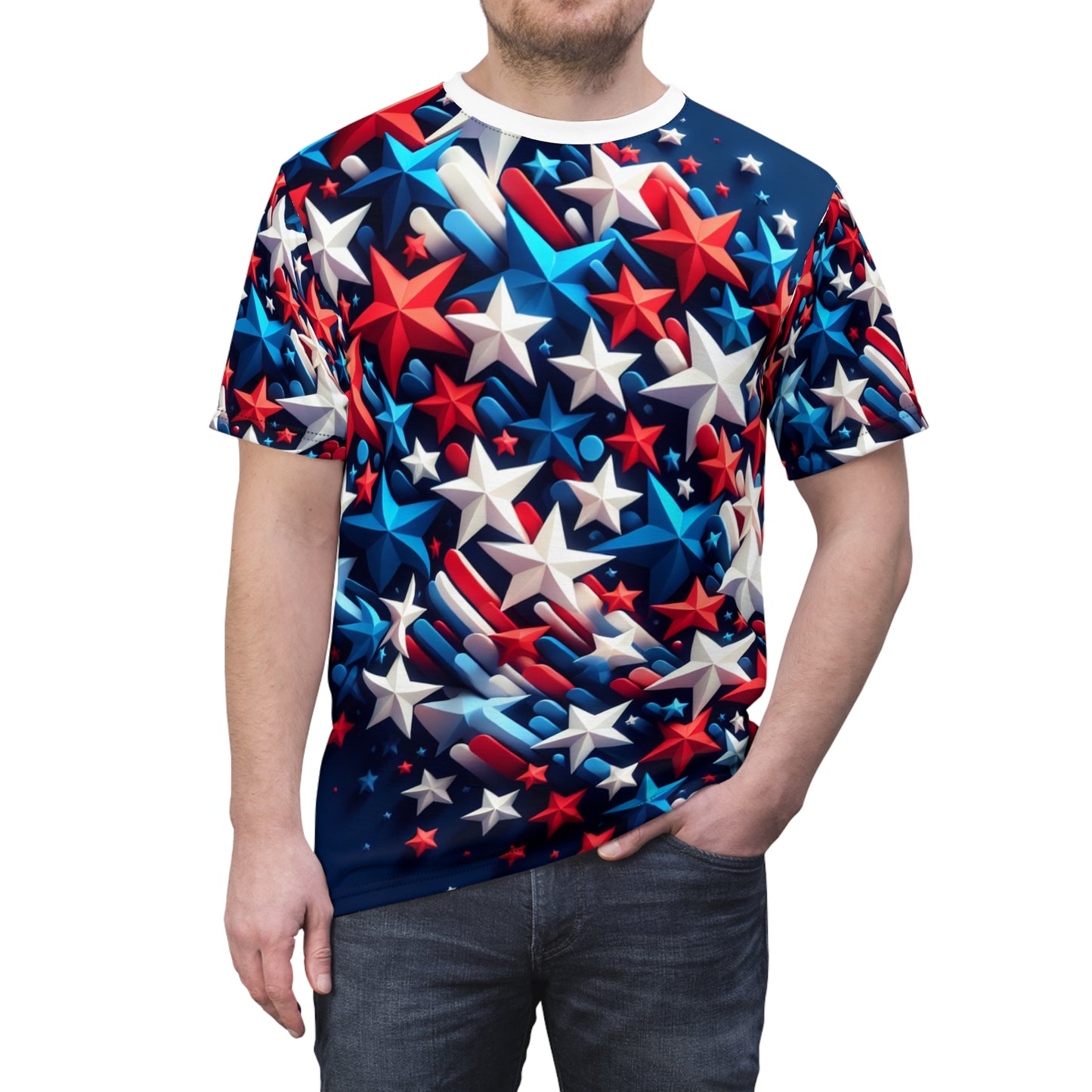 Vibrant 3D Stars Design T-shirt: Red, White & Blue - Patriotic Celebration Tee on Rich Navy Blue - American Streetwear