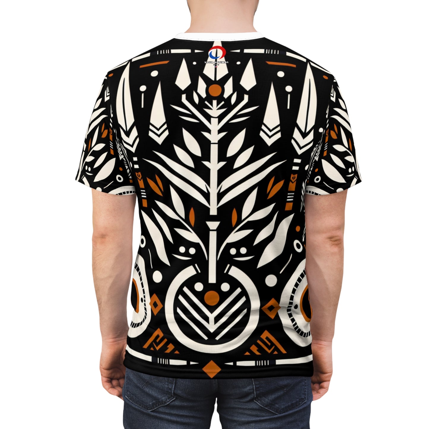 Bold African Artistry T-shirt: Monochrome, Orange Accents, Nature & Warfare Symbols - African Tribal Pattern-Inspired Tee