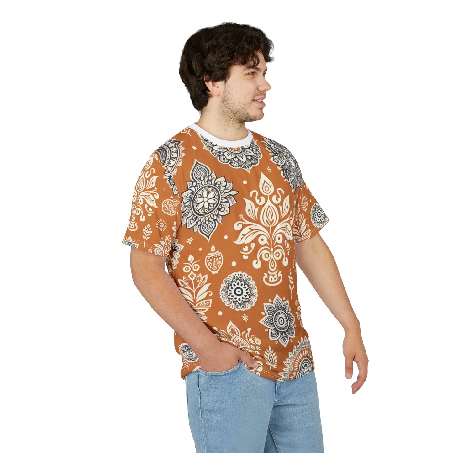 Traditional Indian Motif Print T-Shirt - Luxury Floral & Geometric Seamless Pattern - White on Orange - Modern Ethnic Décor Design Style