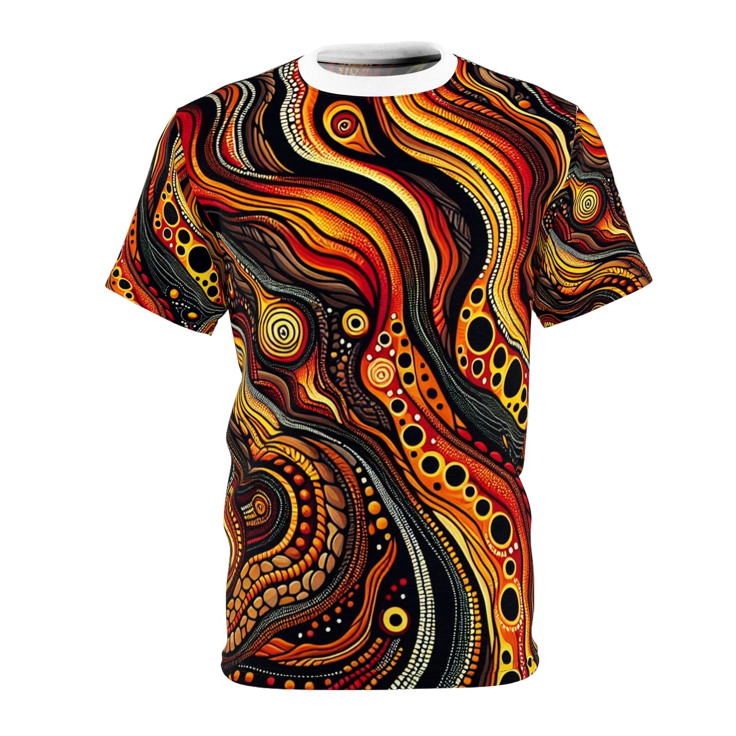 Fiery Aboriginal Landscape T-shirt: Volcano-inspired Art, Lava & Earthy Tones Shirt - African Tribal Pattern-Inspired Tee