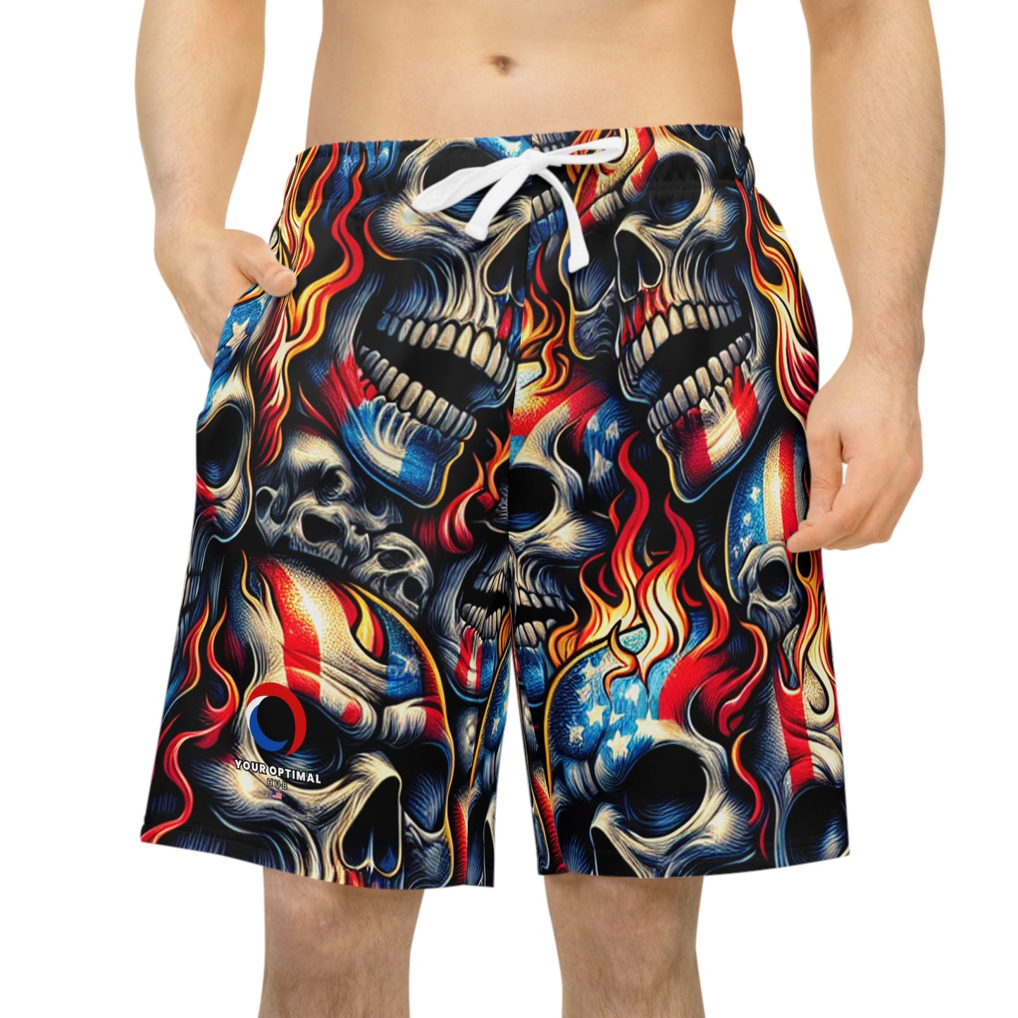 Inferno Skull Cascade: Patriotic Fusion Shorts - Patriotic Streetwear Shorts