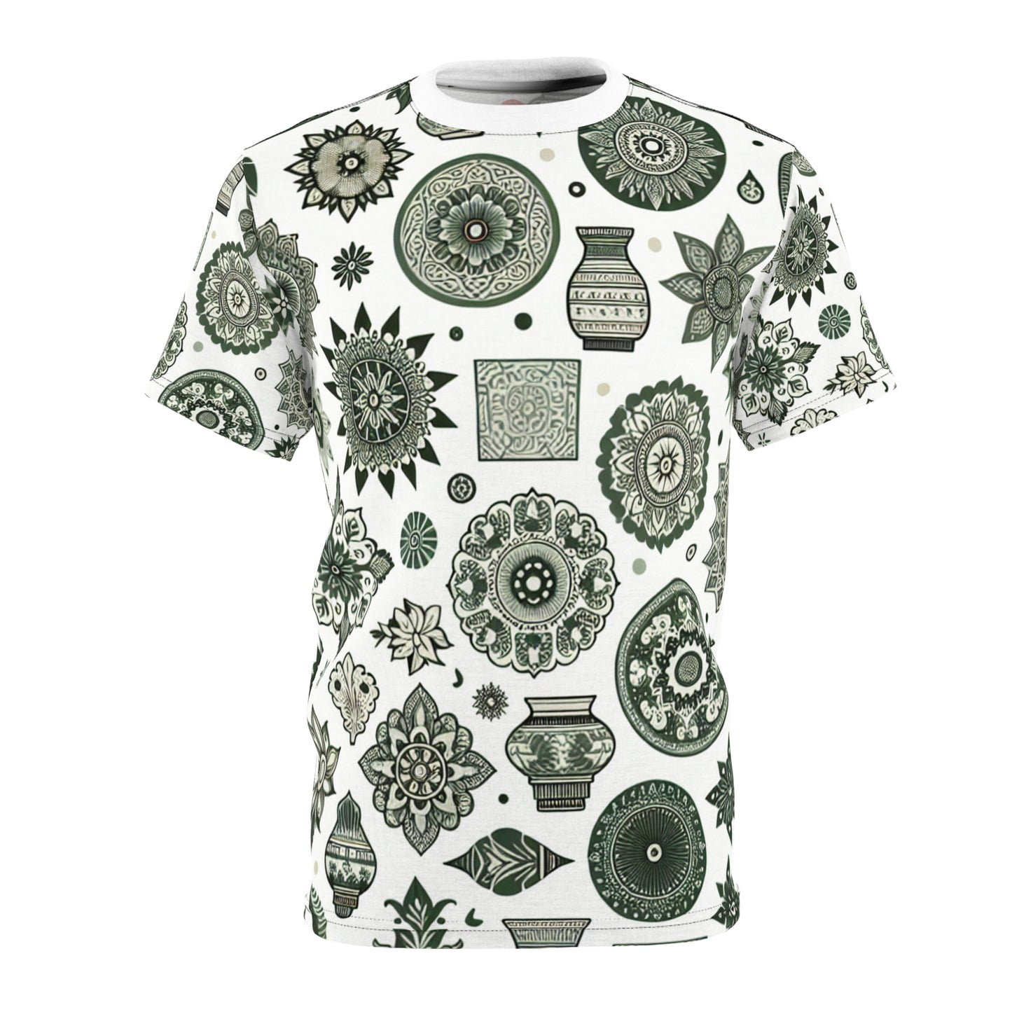 Green Floral-Geometric Indian Motifs: Traditional Seamless Design T-Shirt - Classic Aesthetics, Modern Design - Traditional Indian Motifs Tee