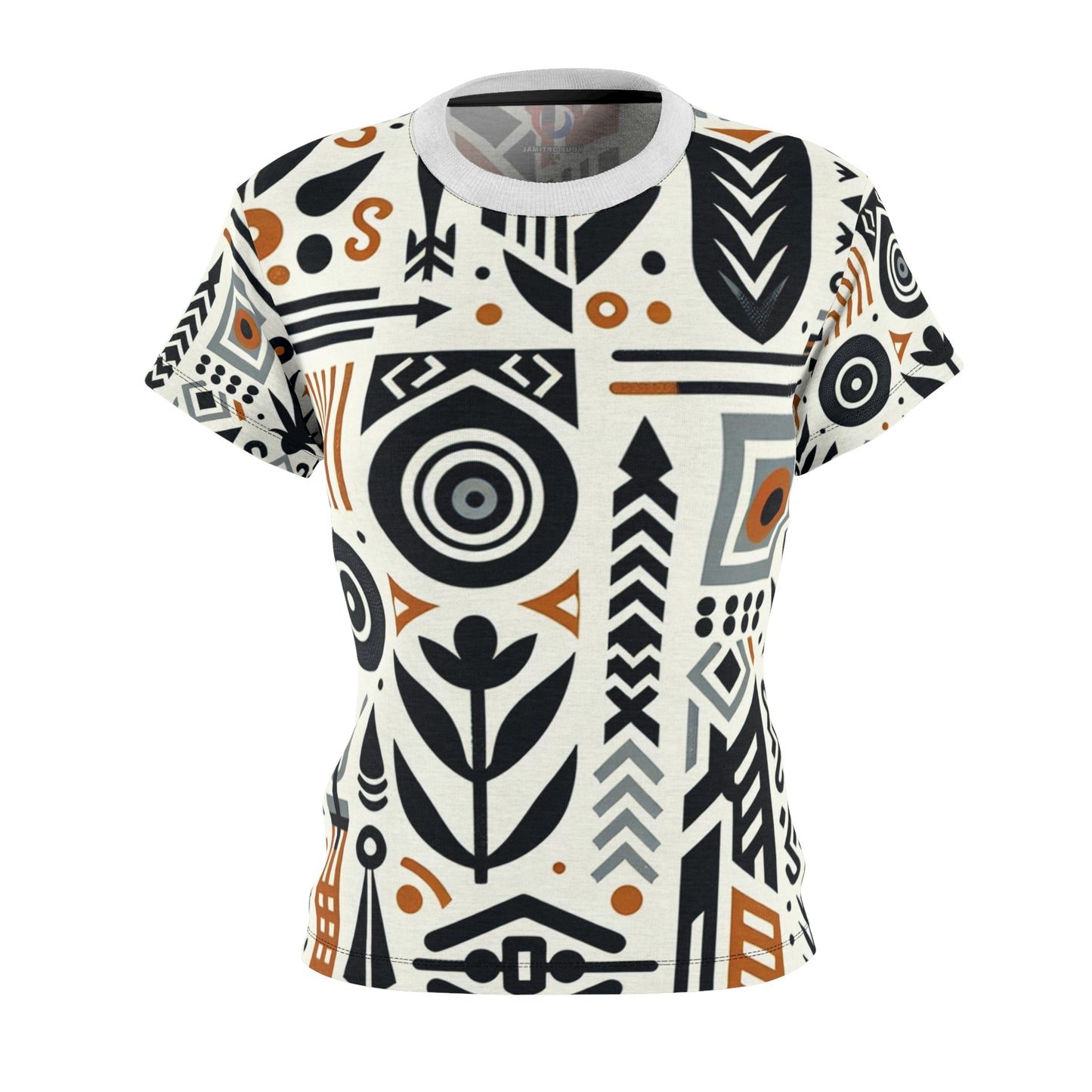 Modern Afro-Graphic Women's Tee: Monochrome & Orange Nature-Warfare Prints, Abstract Artistic Unity - African Tribal Pattern-Inspired