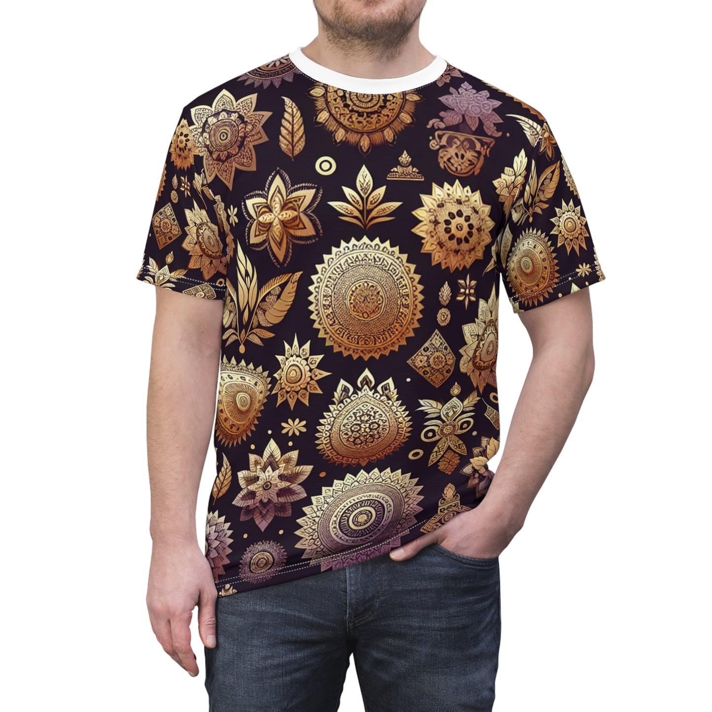 Golden Mirage: Traditional Indian Motif T-shirt in Intricately Designed Floral & Geometric Shapes on Vibrant Purple, Embodying Rich Indian Heritage