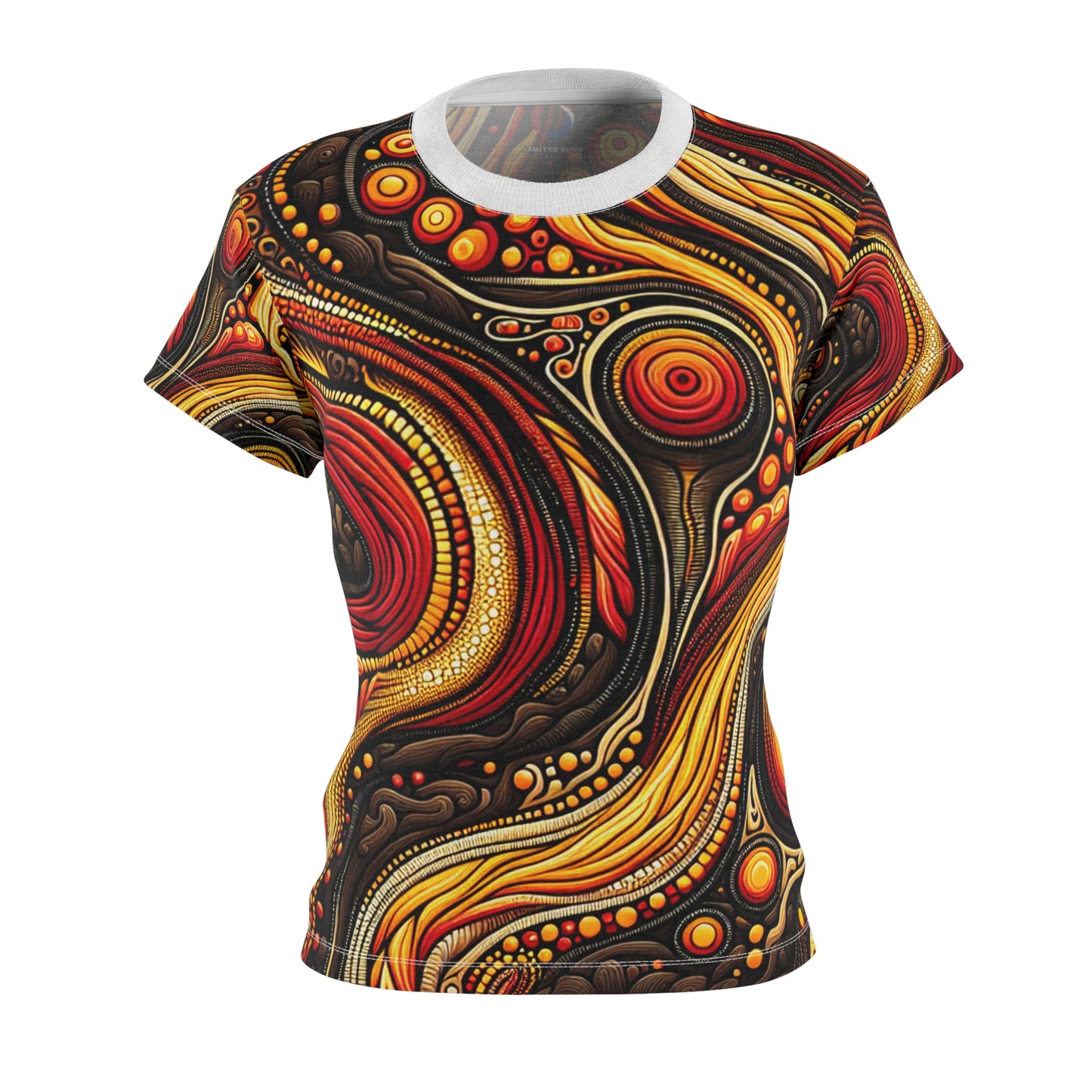 Aboriginal Inspired Volcanic Art T-Shirt, Women's Fiery Landscape, Indigenous Storytelling in Lava Motif - African Tribal Pattern-Inspired