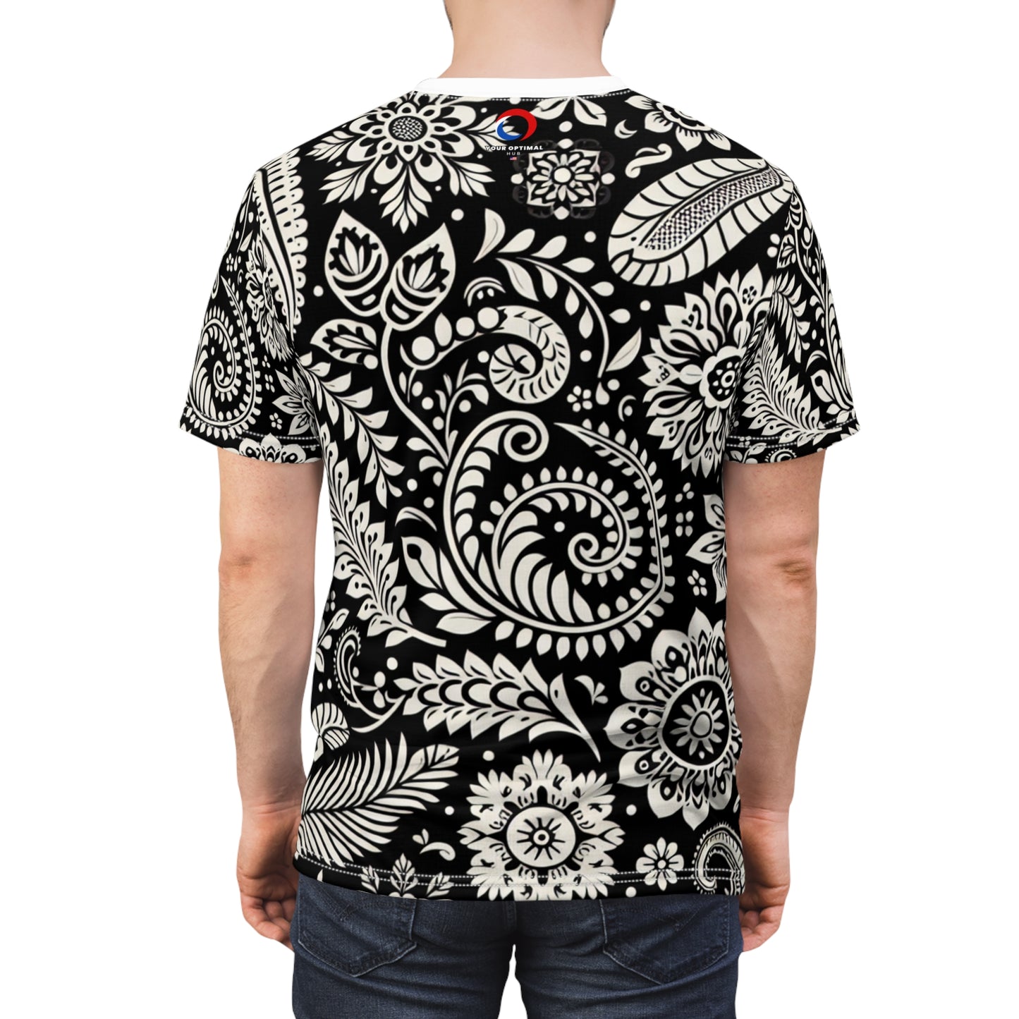 Black & White Intricate Indian Motif Seamless Pattern T-Shirt - Modern Minimalist Traditional Indian Floral and Geometric Design Tee