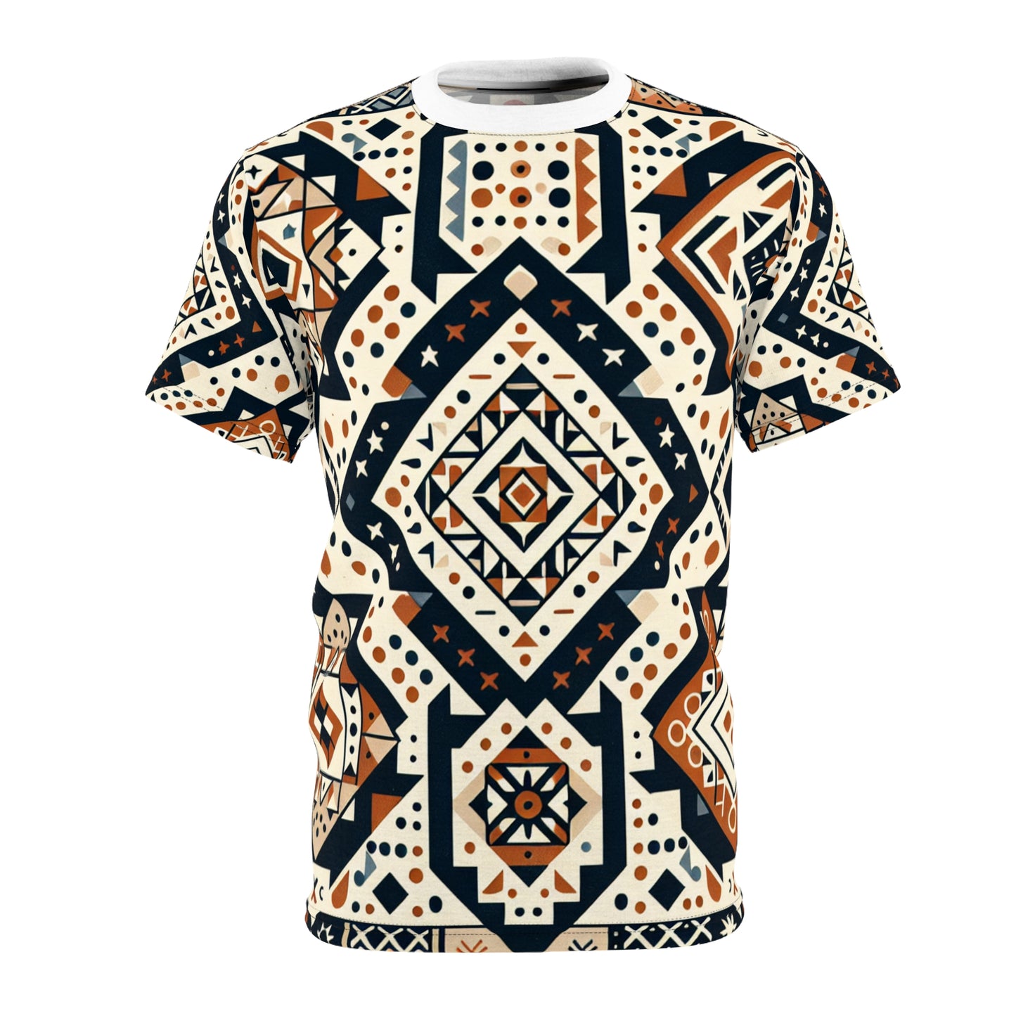 Berber Tattoo Art T-Shirt - Geometric Storytelling Design, Earthy Tones, Eclectic Shapes - African Tribal Pattern-Inspired Tee