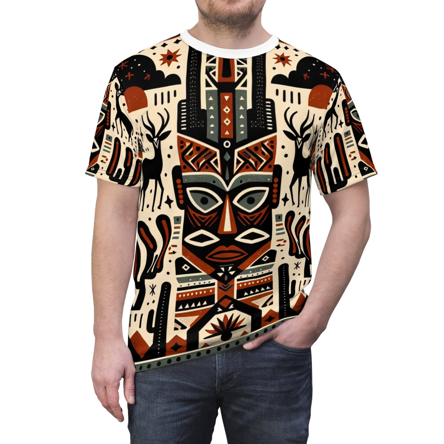 African-Southwestern Fusion T-Shirt: Tribal Totem with Geometric Wildlife in Warm Earthy Tones - African Tribal Pattern-Inspired