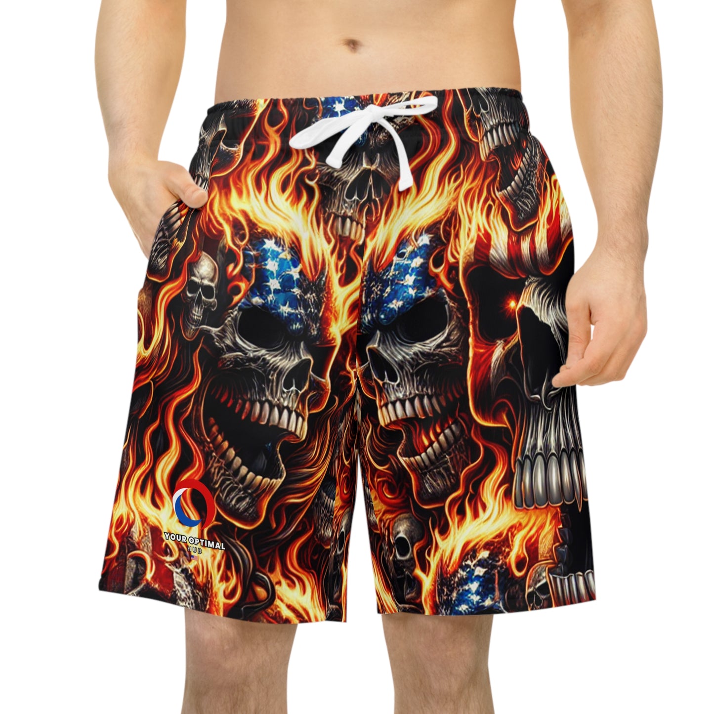 Patriotic Inferno: Skull Blaze Tattoo Artistry Shorts - Patriotic Streetwear Shorts