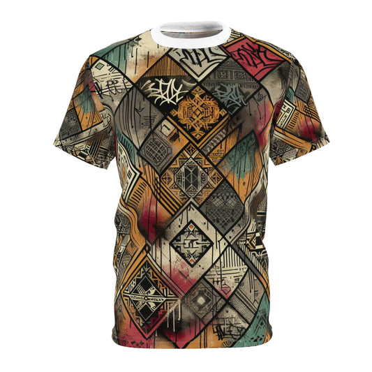 Africa Meets Street Art - Urban Graffiti Diamond Grid T-Shirt, Bold Geometric Design - African Tribal Pattern-Inspired Tee