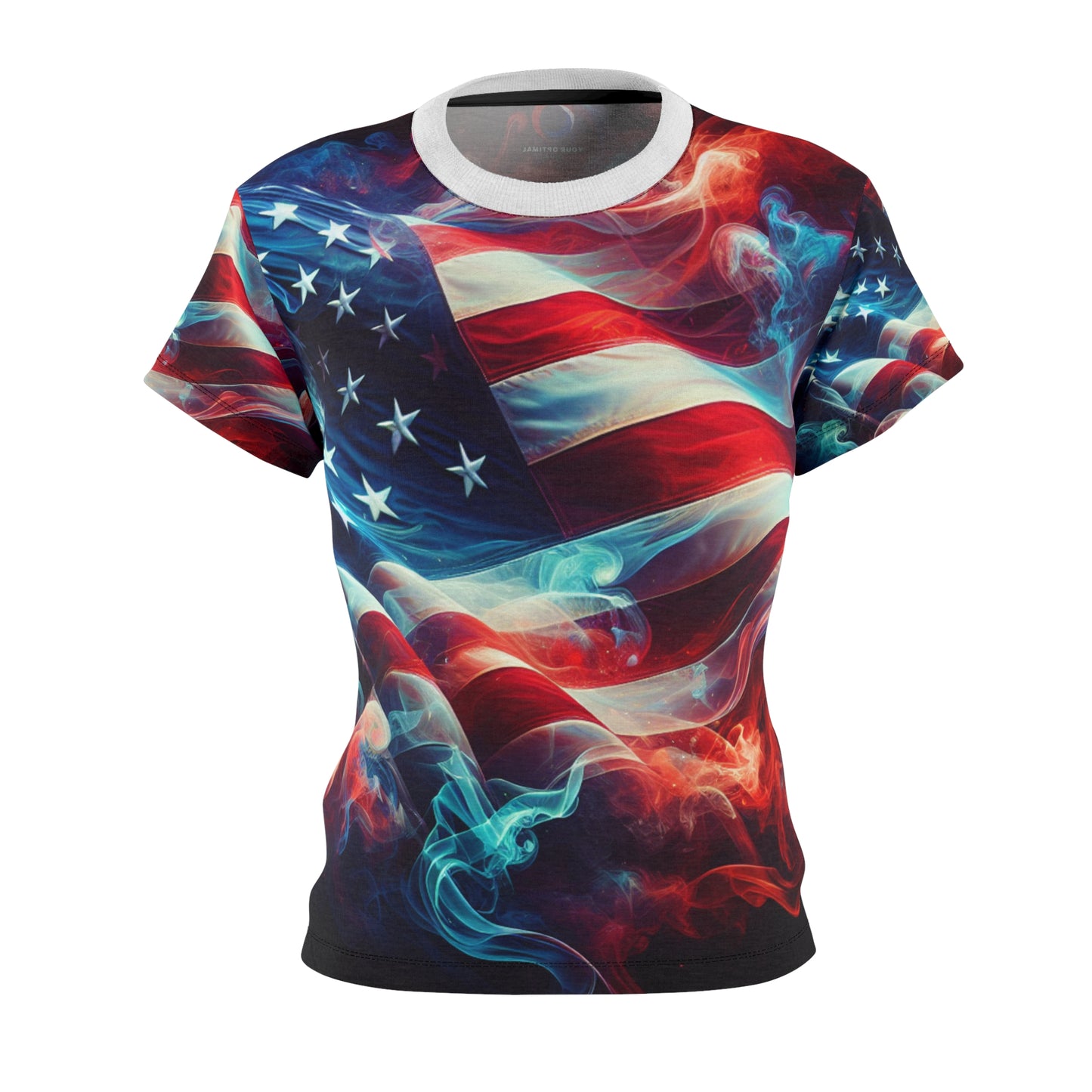 Mystic Smoke & Flag Women's T-shirt: Artful USA Pride in Transitioning Deep Red to Rich Blue - Patriotic Streetwear Tee