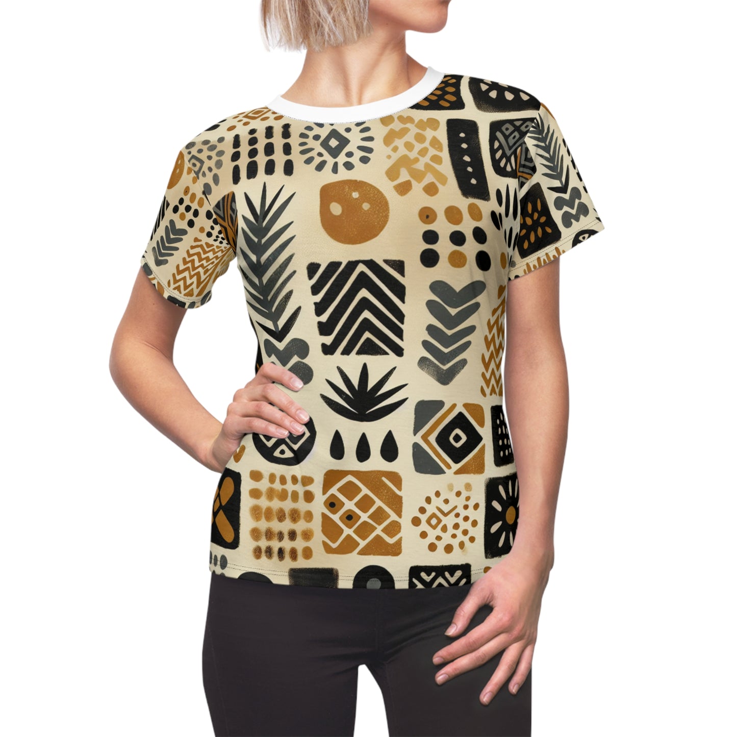 African Mud Cloth-Inspired Grid Tee, Handcrafted Women's T-Shirt in Ochre, Black & Red - African Tribal Pattern-Inspired