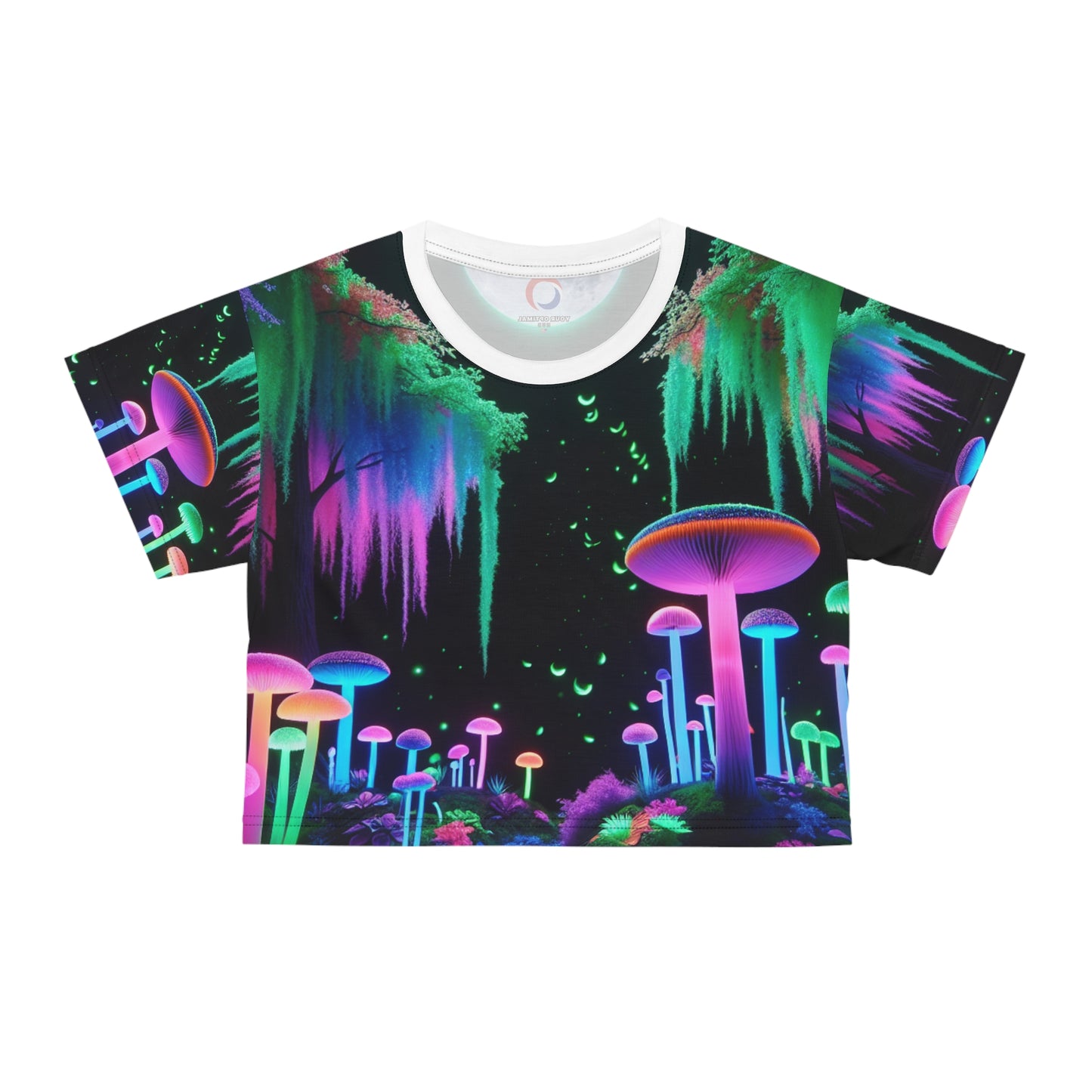 Women's UV-Glow Full Moon Forest Crop Tee – Surreal Neon Night Environment, Magic Mushrooms & Fireflies - Women's Blacklight Tee