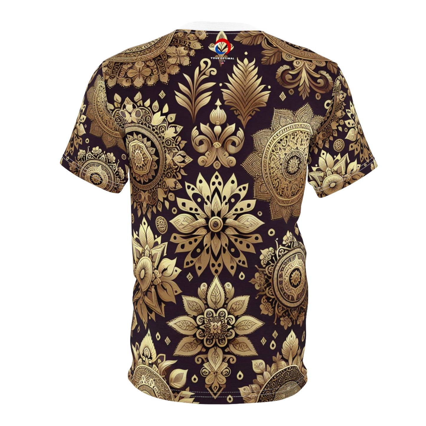 Traditional Indian Motifs Seamless Pattern T-Shirt - Gold & Purple - Intricate Floral Geometric Designs - Reflective Elements on Modern Minimalist Apparel