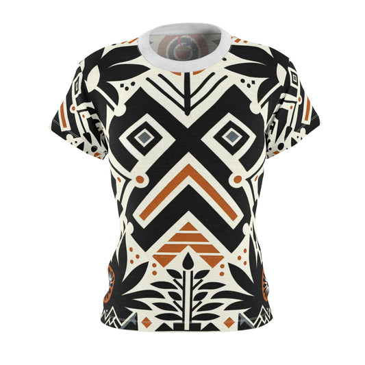 Modern African Fusion Women's Tee: Monochromatic, Orange Accents, Nature-Inspired Graphics - African Tribal Pattern-Inspired