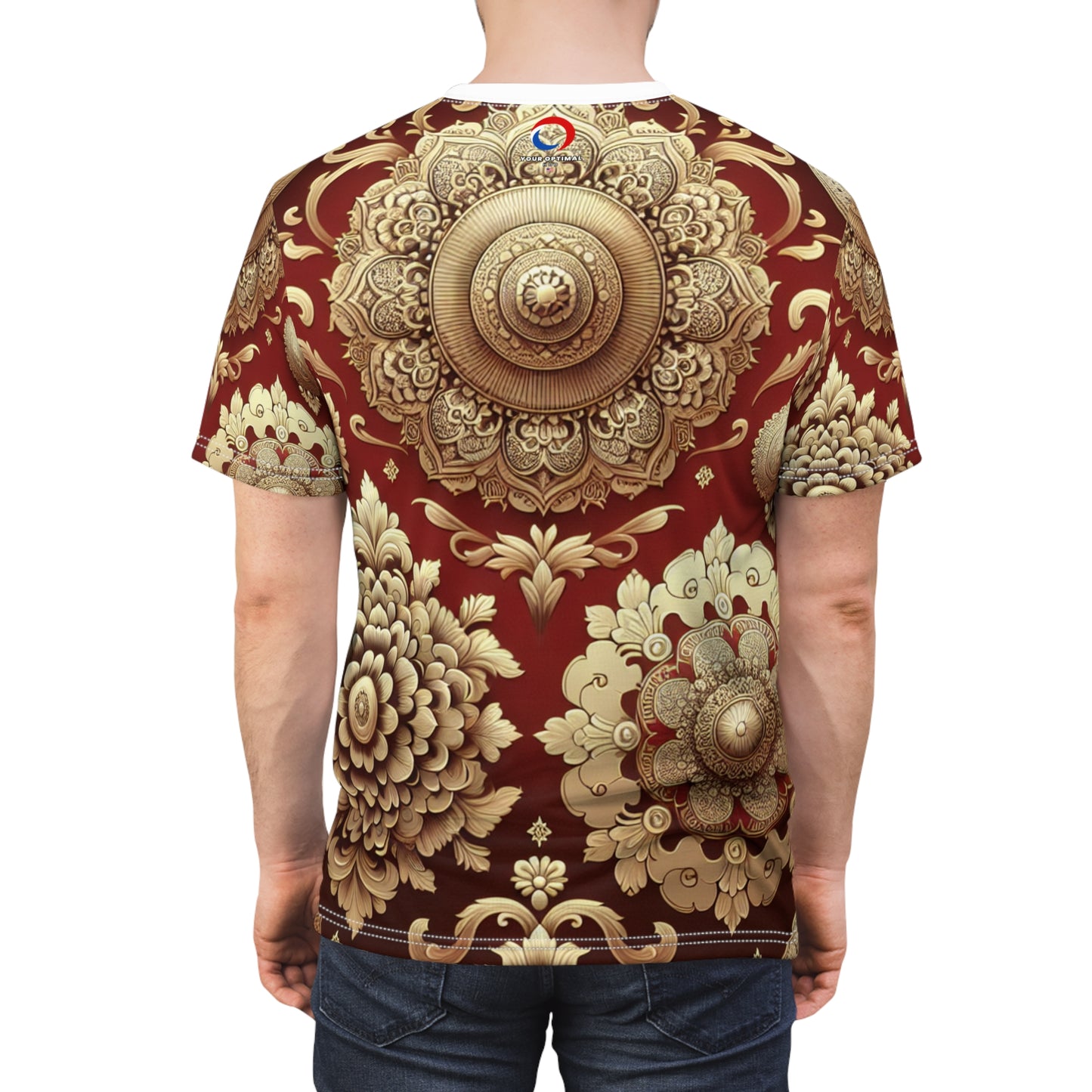 Exquisite Gold on Red Indian Motif Seamless Pattern T-Shirt: Intricately Designed Traditional Elements, Balanced Geometric and Floral Arrangement Tee