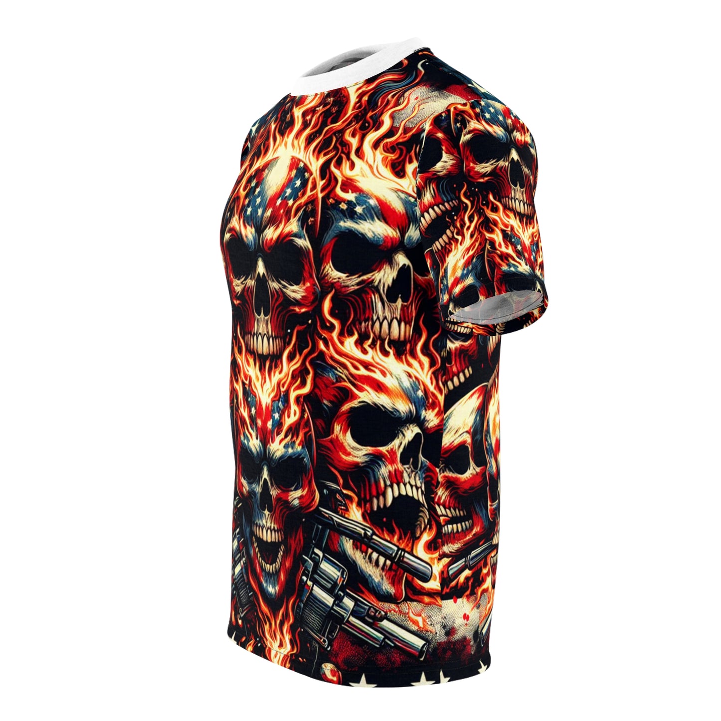 Flaming Skull Spectacle: Patriotic Tattoo Mastery T-Shirt - Patriotic Fashion Tee