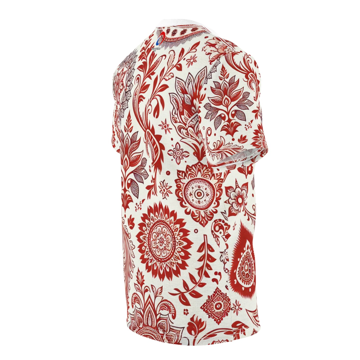 Classic Indian Motifs Scatter Pattern Premium Red-On-White T-Shirt: Seamless Design with Floral-Geometric Shapes - Traditional Indian Motifs Tee