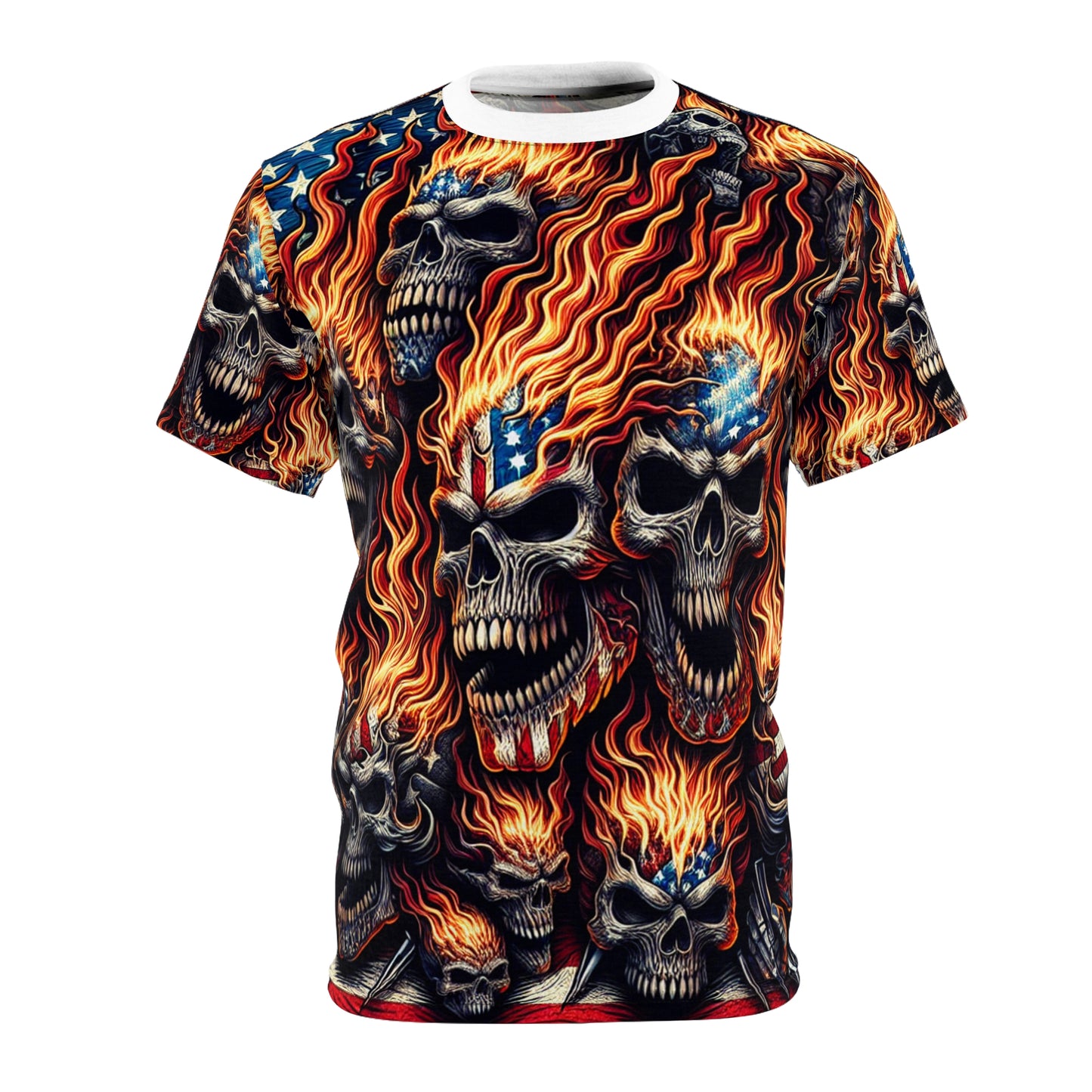 Patriotic Inferno: Scarlet Skull Cascade T-Shirt - Patriotic Streetwear Tee