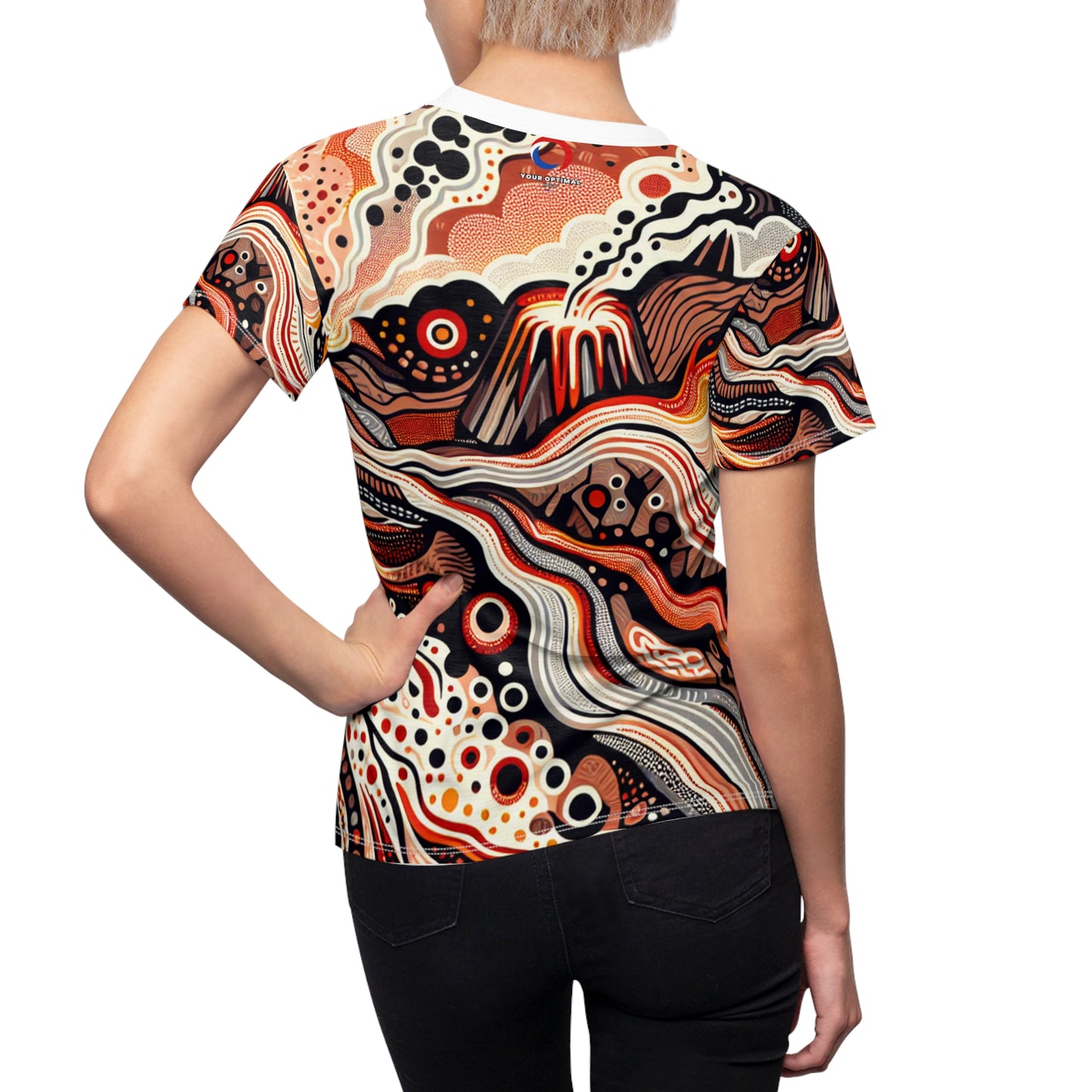 Fiery Aboriginal Landscape Themed Women's T-Shirt - Volcano Inspired Indigenous Dot Art Tee - Ancestral Connection-Inspired Apparel