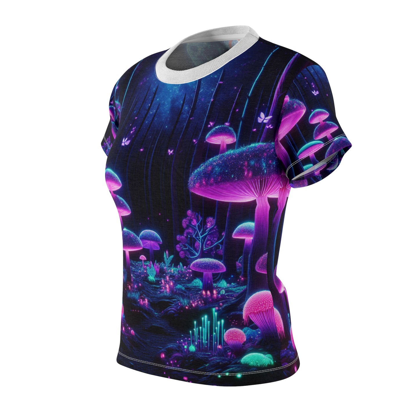 Psychedelic Forest Glow: Women's Blacklight-Responsive Tee, Vibrant Neon Mushroom & Bioluminescent Starry Night - Women's Blacklight T-shirt