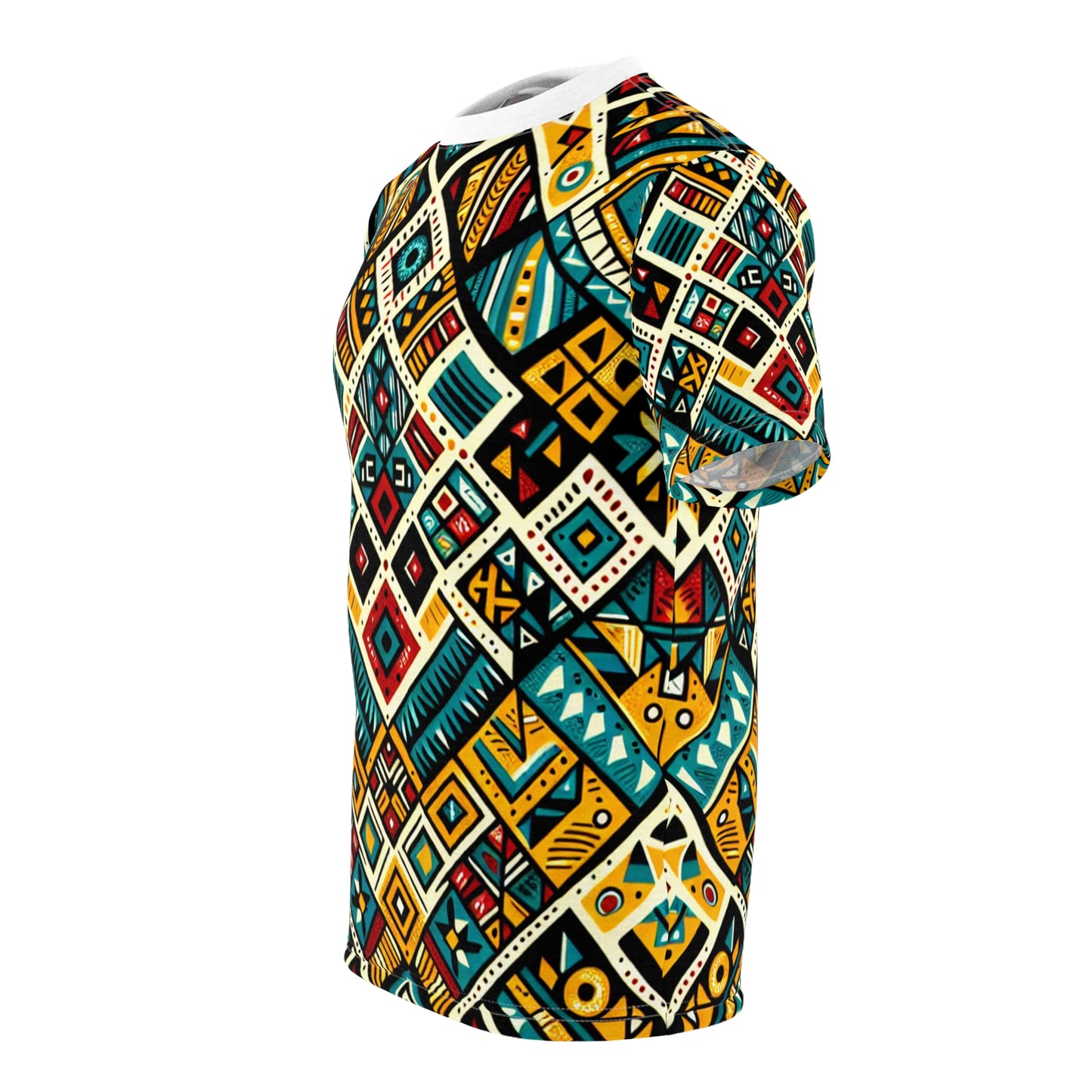 Vibrant African Tribal Diamond Grid T-shirt – Bold Primary Colors Storytelling Artwork - African Tribal Pattern-Inspired Tee