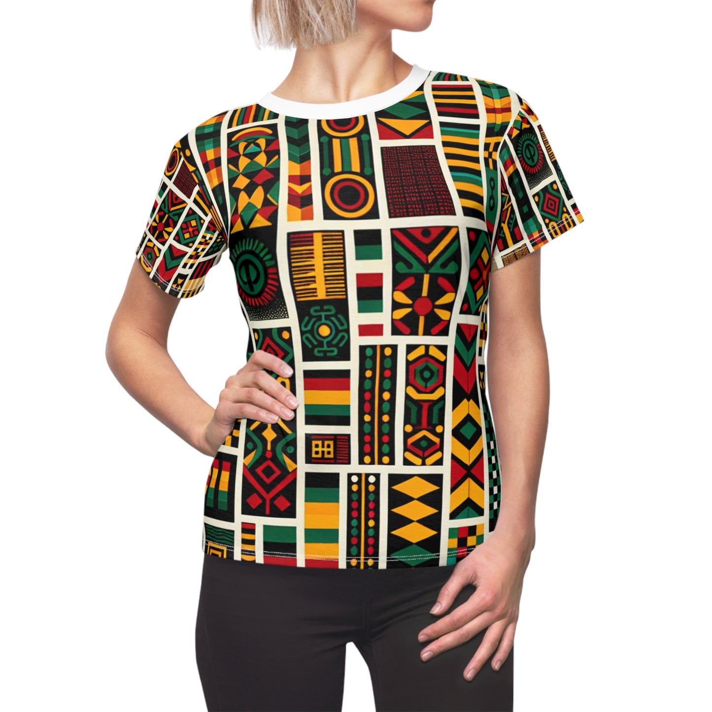 Bold Pan-African Tribute Women's Tee: Vibrant Geometric & Cultural Symbolism in Kente, Adinkra Patterns - African Tribal Pattern-Inspired