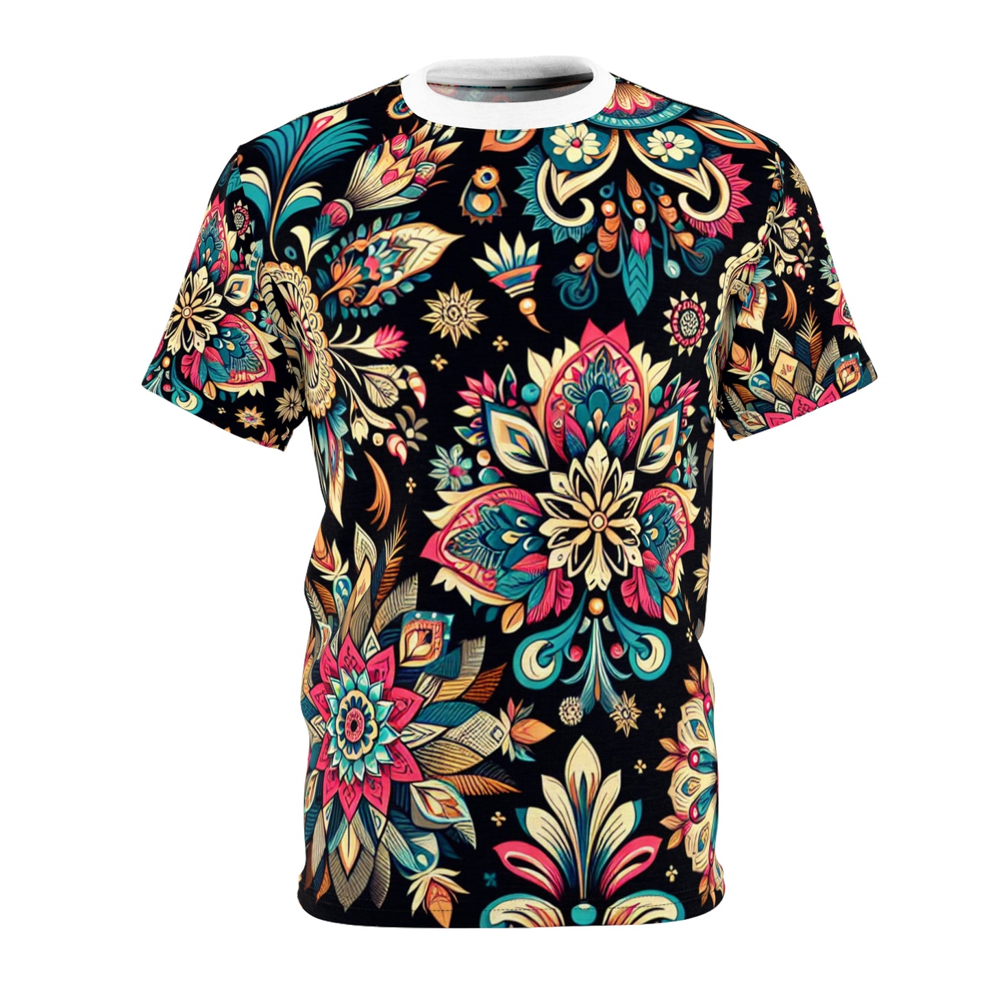 UV Reactive Boho-Chic T-Shirt with Intricate Neon Indian Motifs on Black Background - Scattered Geometric Floral Design