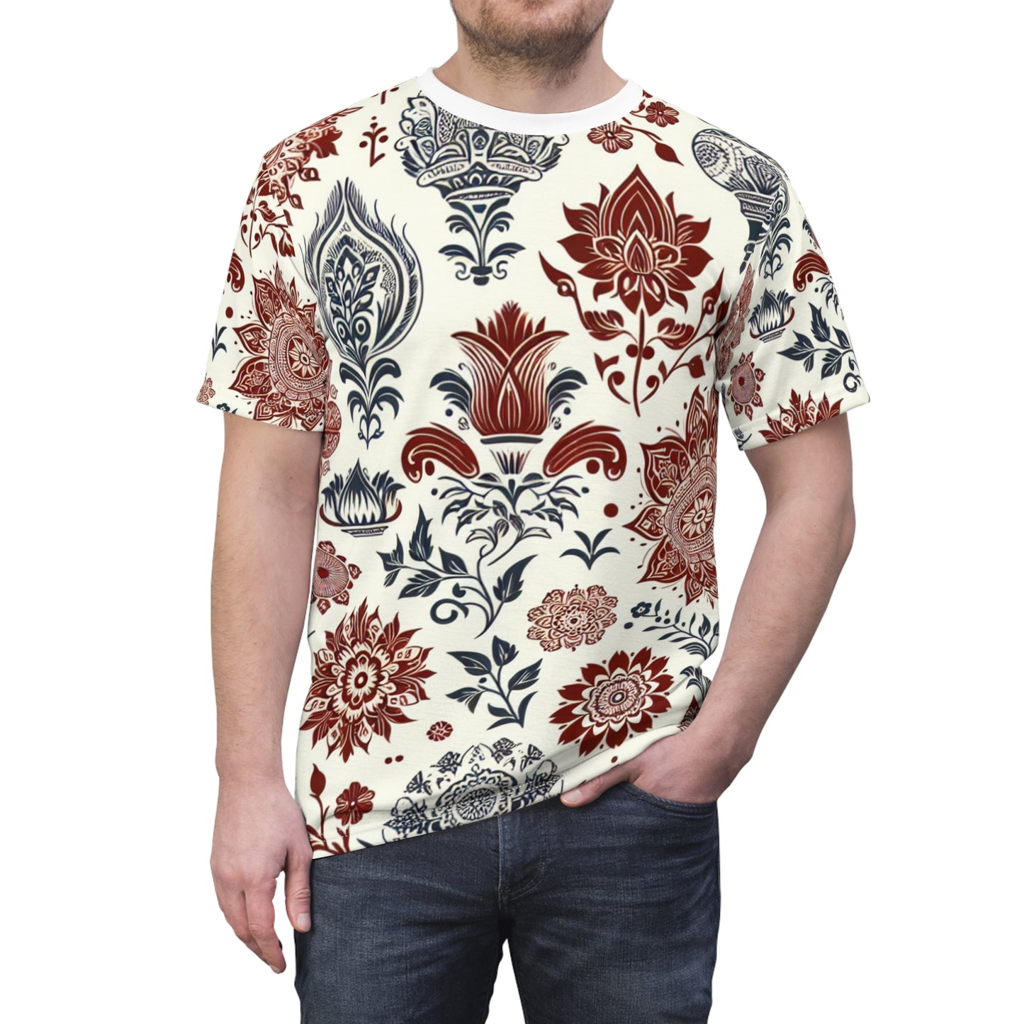 Classic Indian Heritage Seamless Pattern T-Shirt - Intricate Floral and Geometric Motifs in Red and White - Traditional Indian Motifs Tee