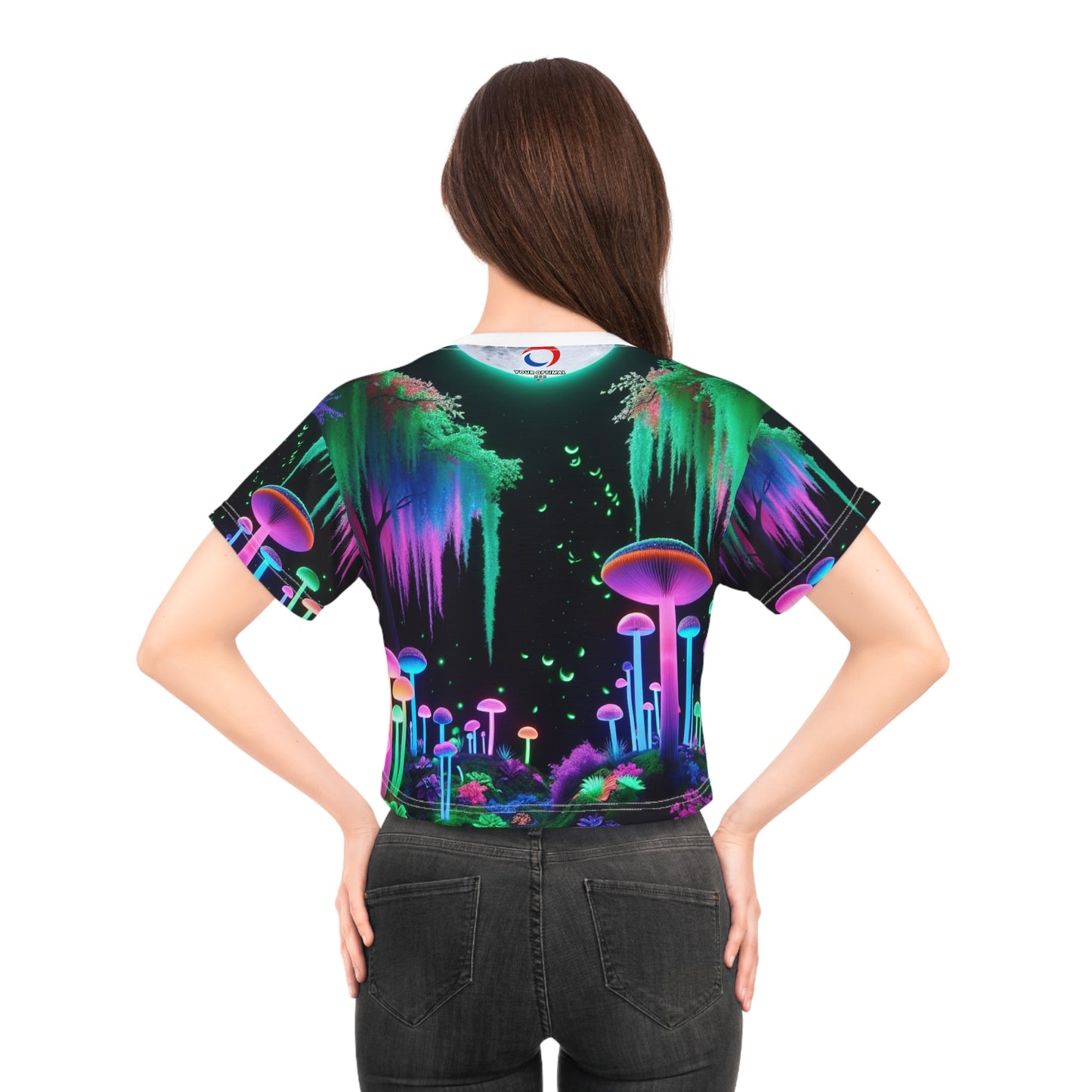 Women's UV-Glow Full Moon Forest Crop Tee – Surreal Neon Night Environment, Magic Mushrooms & Fireflies - Women's Blacklight Tee