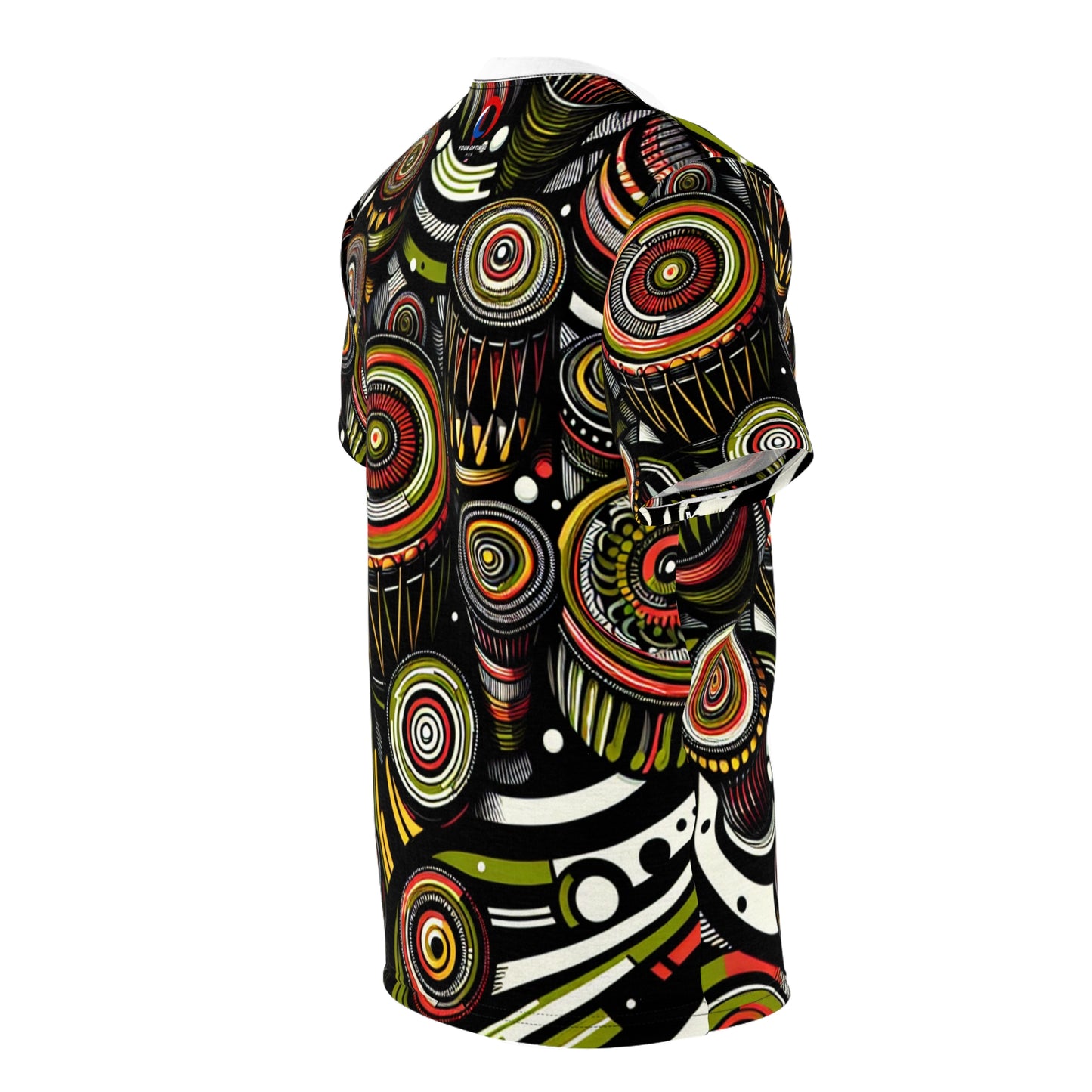 African Drum Dance Vibrant T-Shirt - Bold Kaleidoscope Pattern in Black, Red and Lime Green - African Tribal Pattern-Inspired Tee