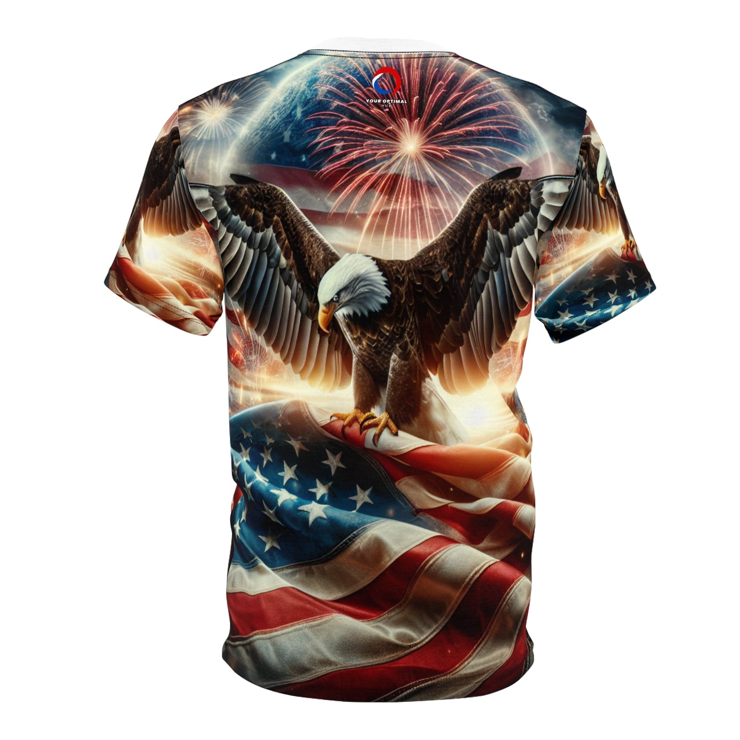 Pride & Freedom: Majestic American Bald Eagle & Flag Patriotic T-Shirt with Vibrant Fireworks Display - Independence Day Heritage Celebration Wear - Patriotic Streetwear Tee